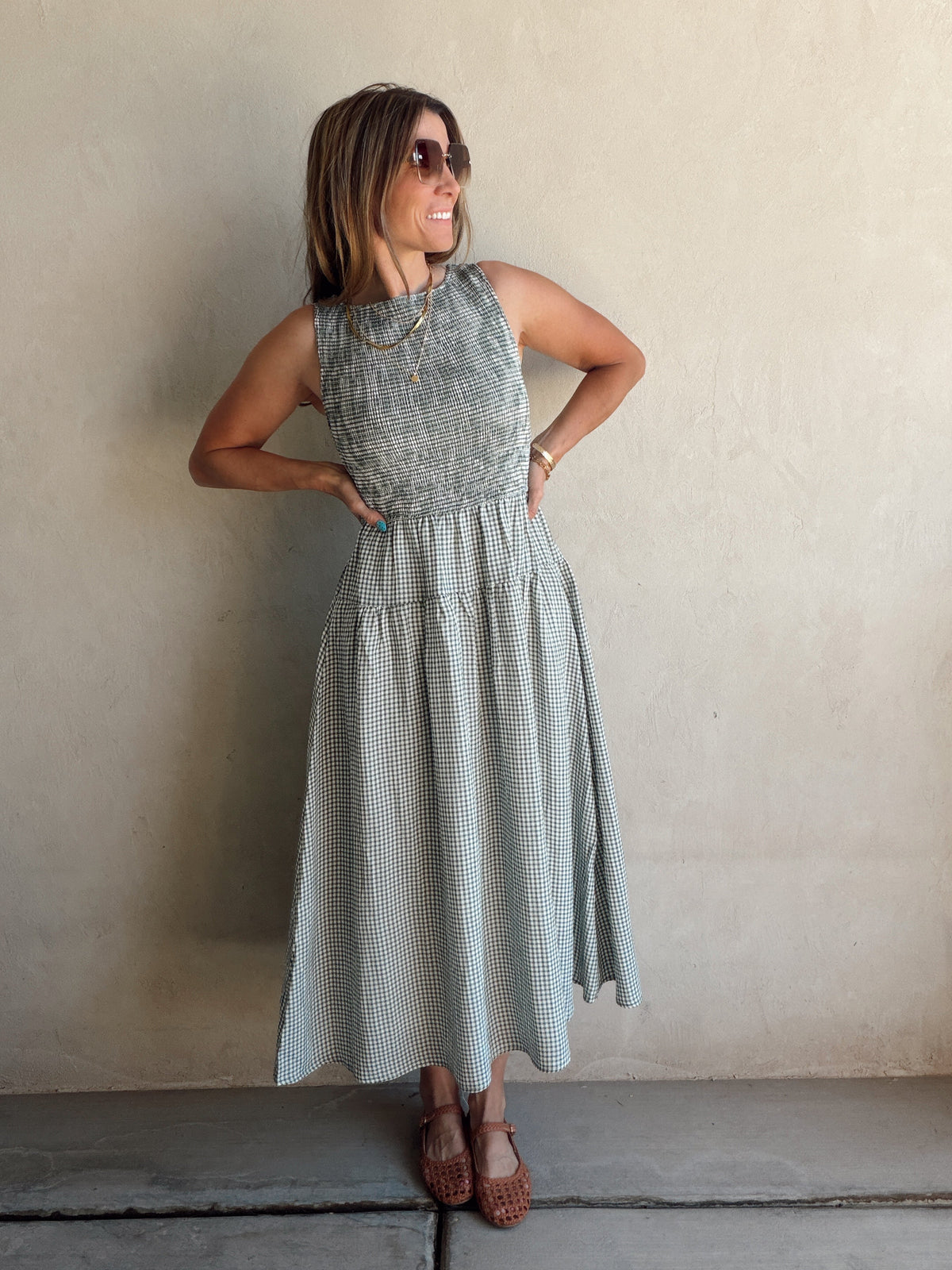 Denise Dress in Gingham Dress in Evergreen & Cream