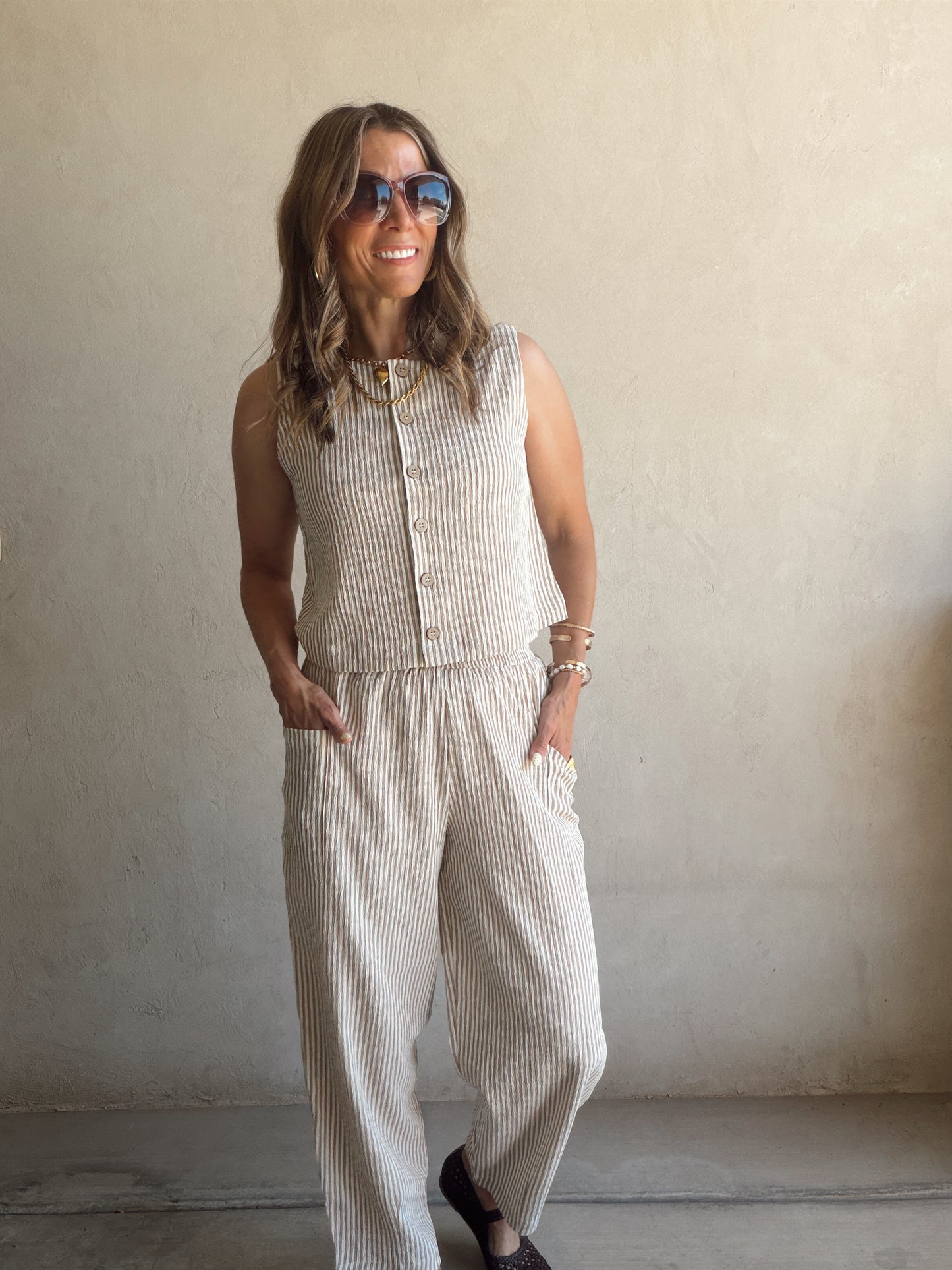 Melinda Tank in Taupe & White