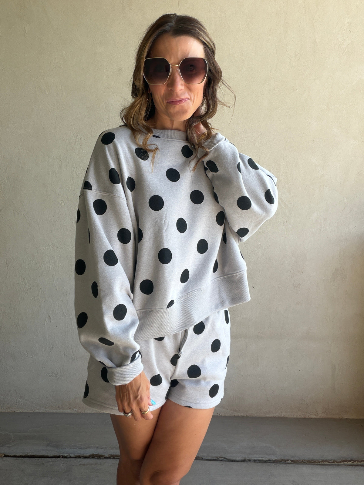 Aubree Set in Gray with Black Polka Dots