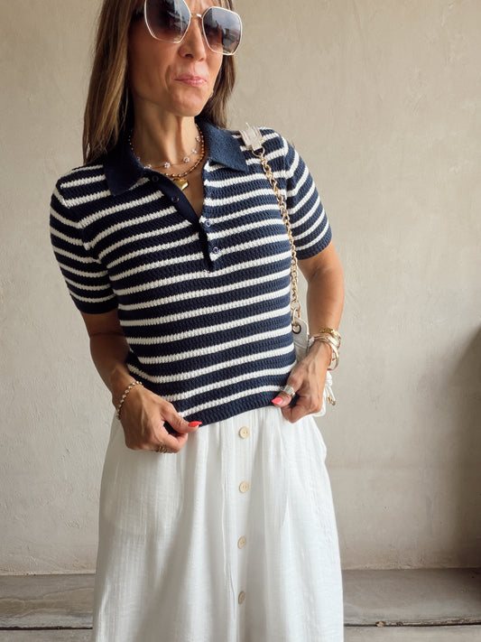Savannah Striped Knit Top in Navy & White