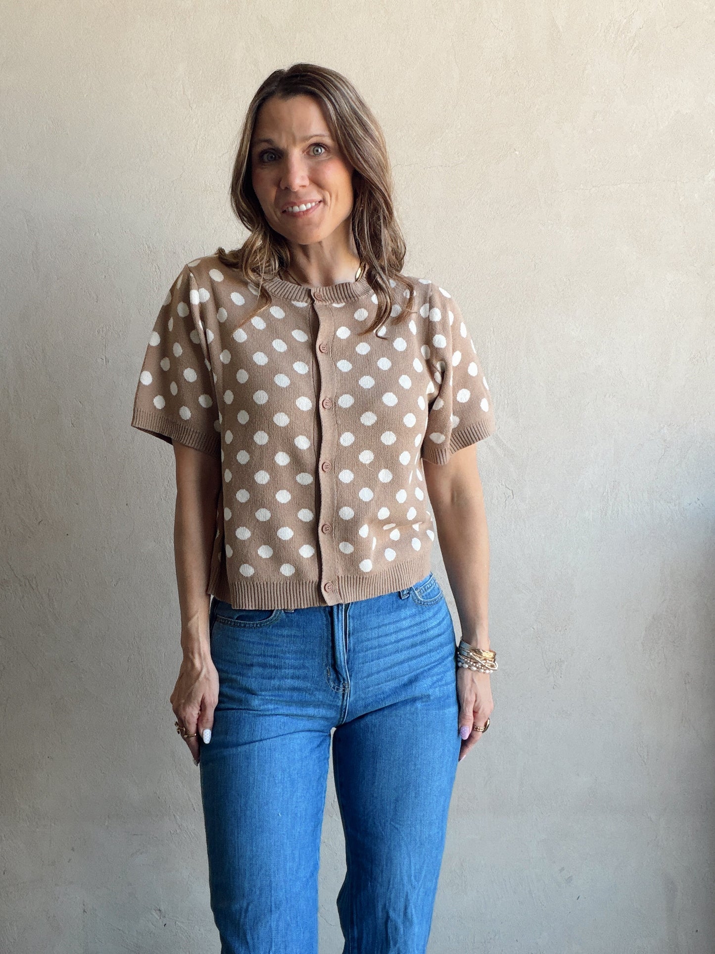 Polka Dot Cardigan in Taupe & Ivory