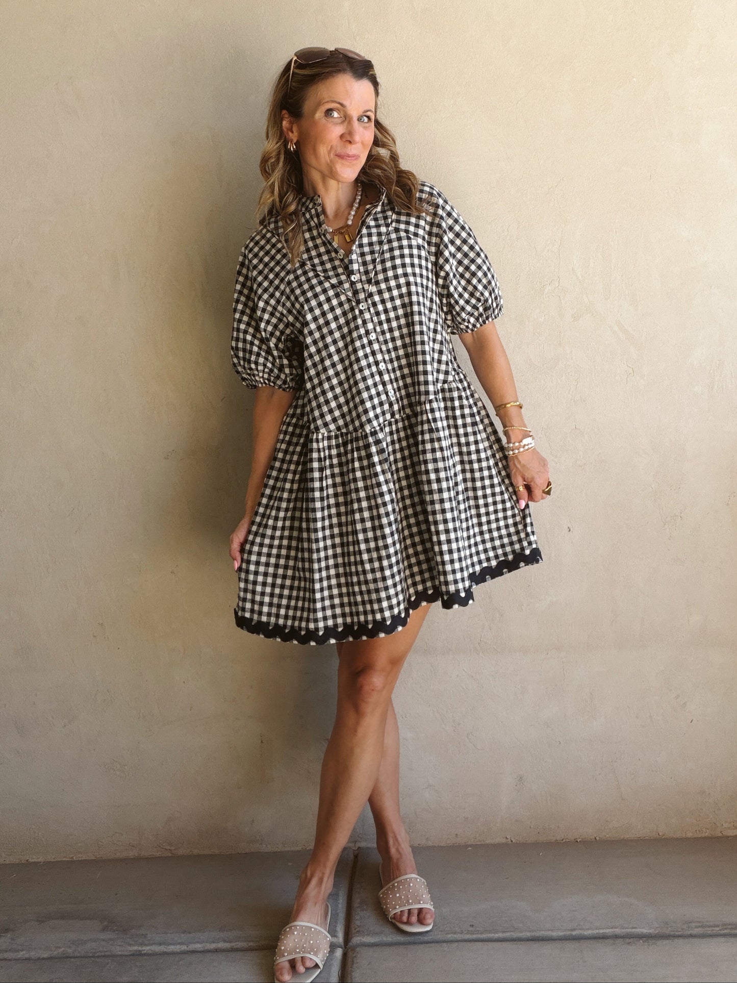 Tyra Tiered Midi Gingham Dress in Dark Navy