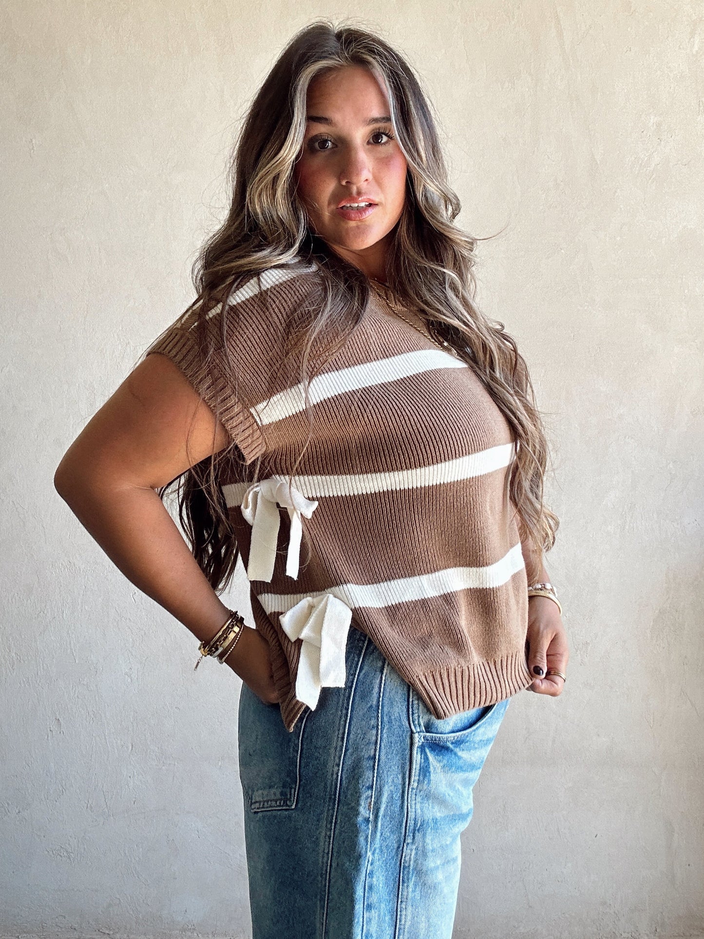 Lainee Striped Top with Side Bows in Navy, Mocha, and Ivory