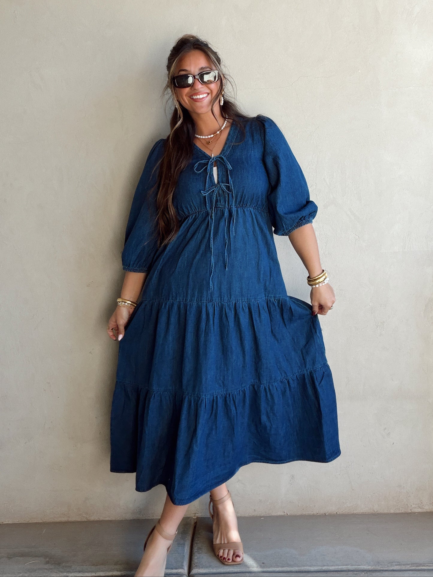 Jolee Bow Maxi Dress in Denim