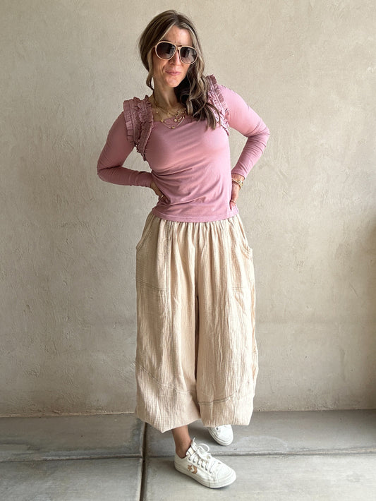 Tara Flowy Parachute Pants in Tan