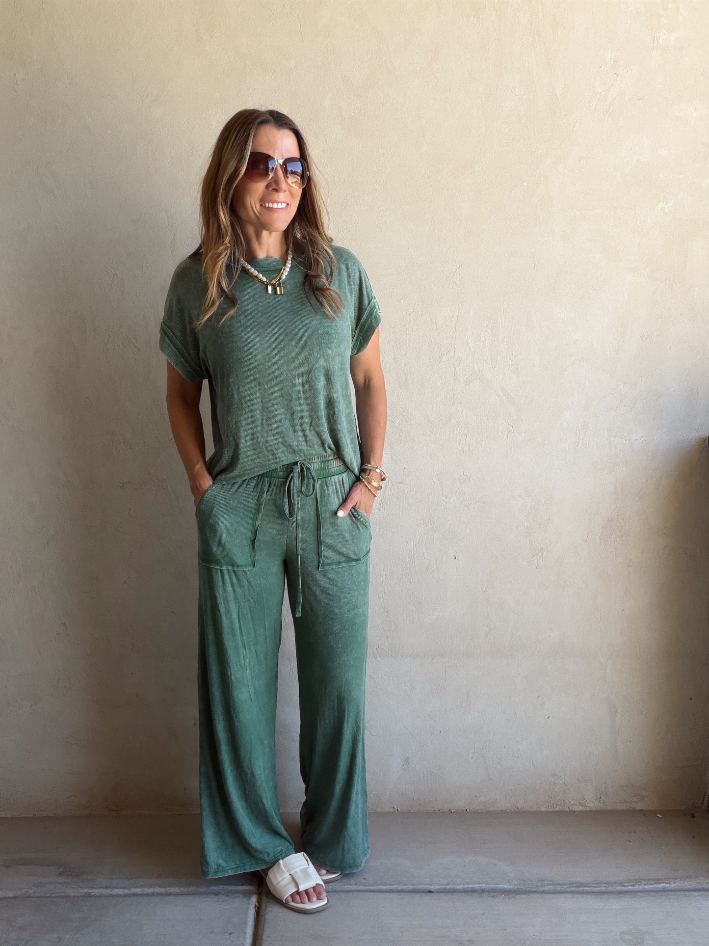 Raelyn Ribbed Mineral Washed Set in Green