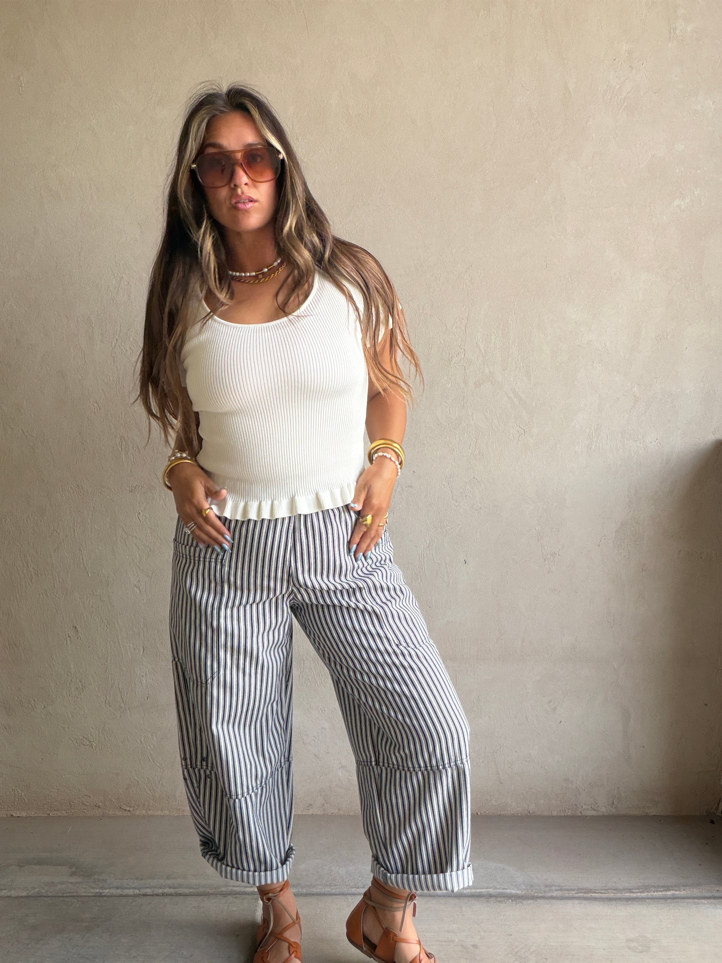 Striped Barrel Pant in Navy