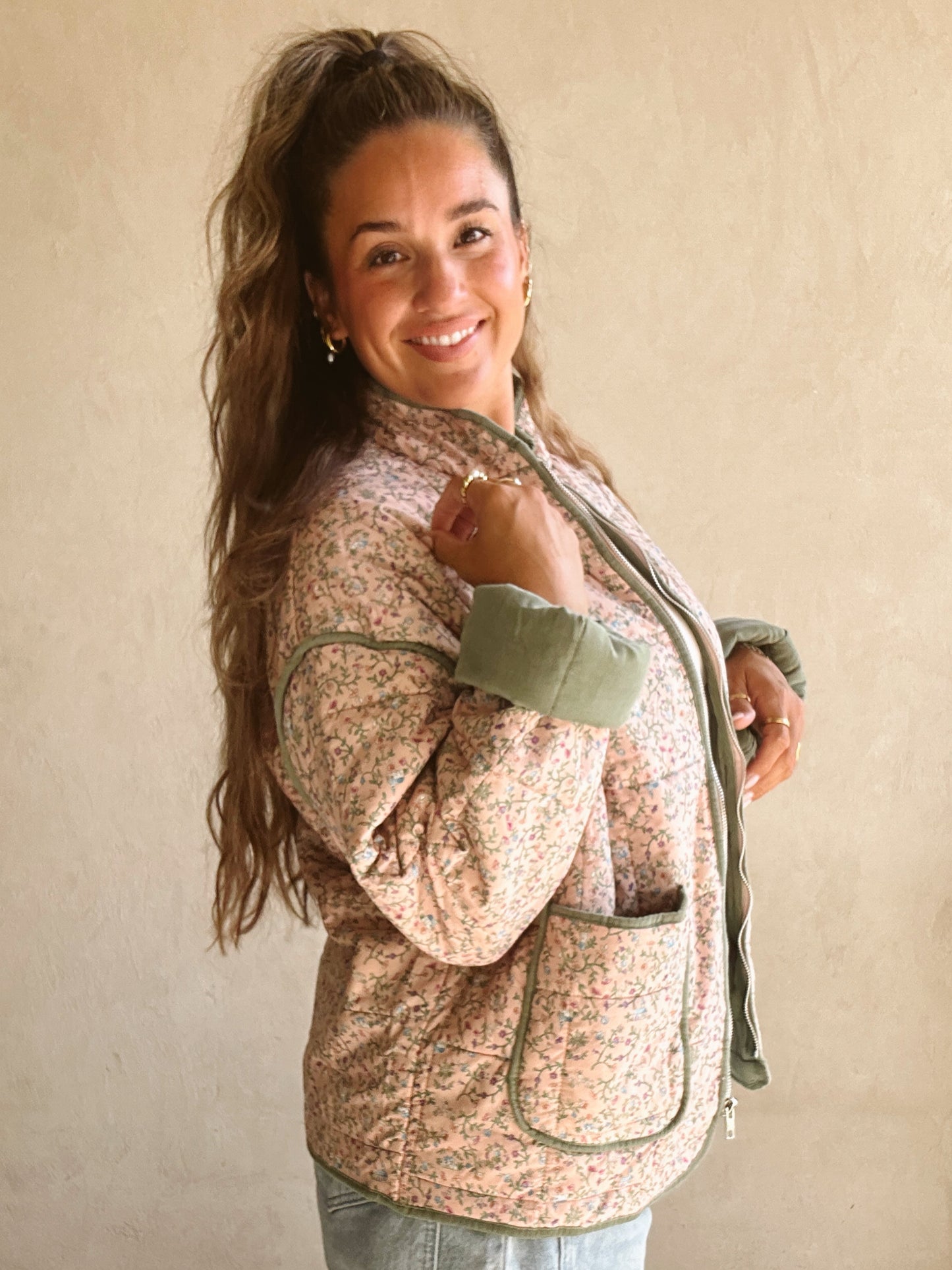 Amber Quilted Jacket in Pink and Sage