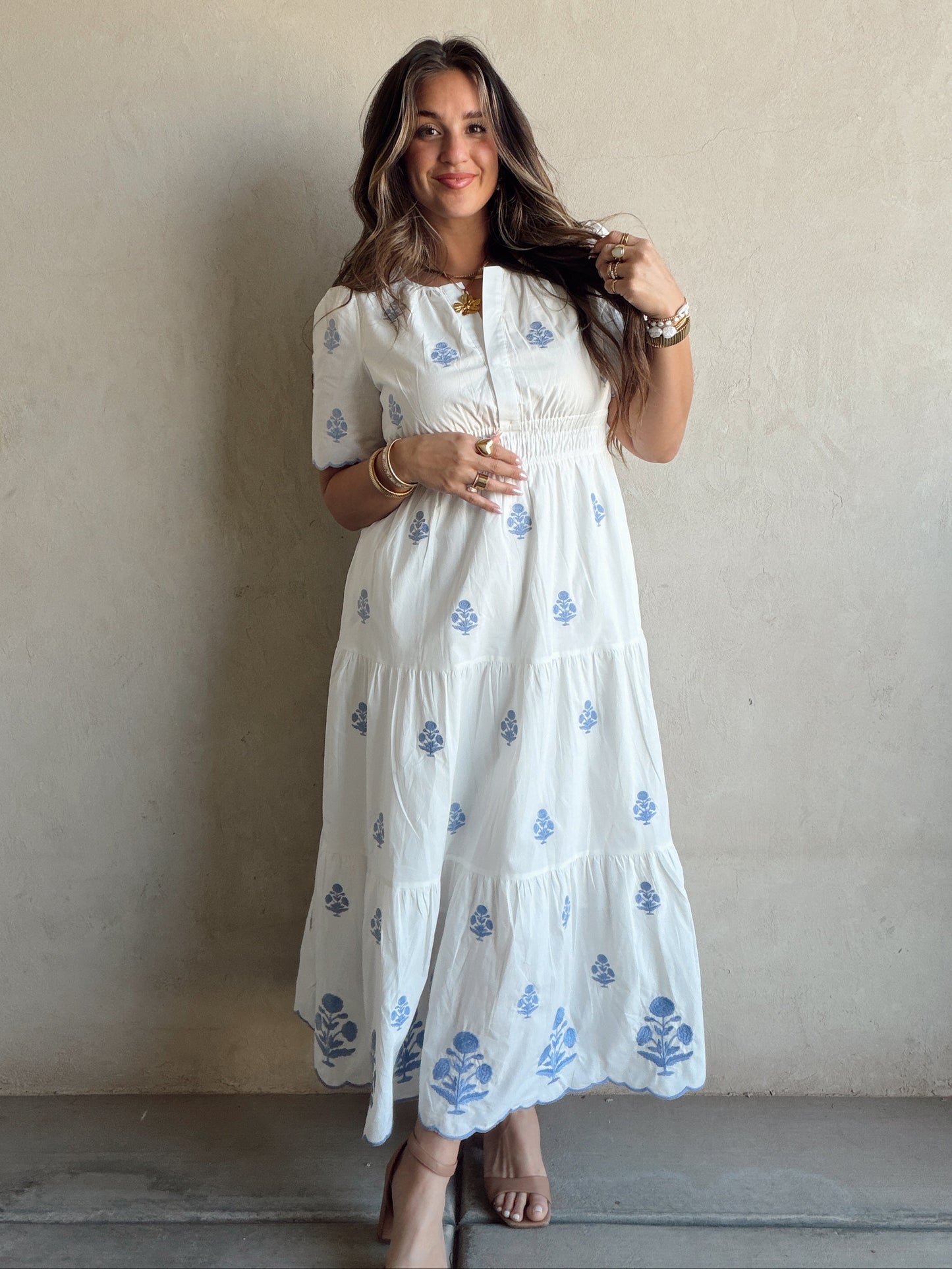 Perry Floral Dress in White & Blue