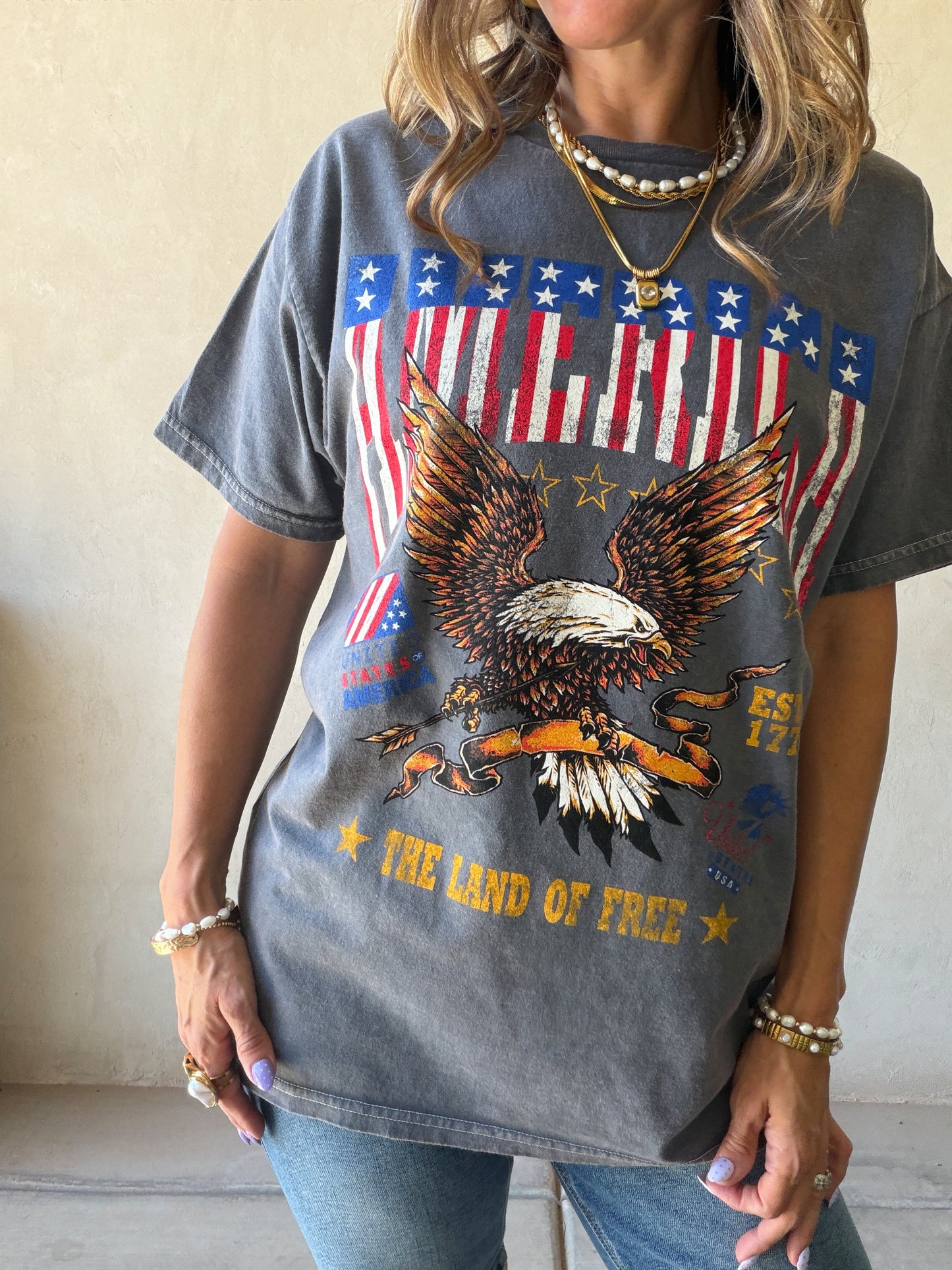 America Land of the Free Tee in Mineral Wash Gray