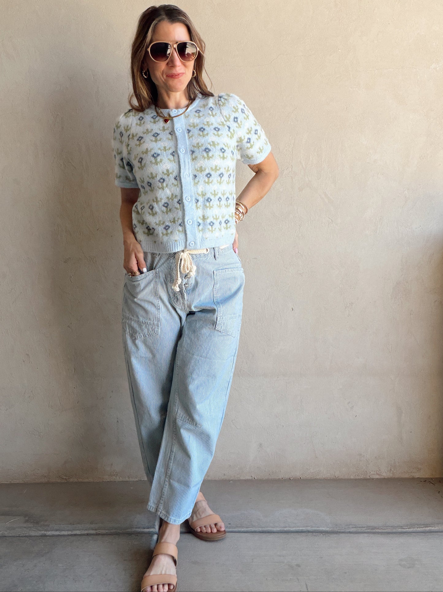 Maddy Button Down Cardigan in Light Blue & Green