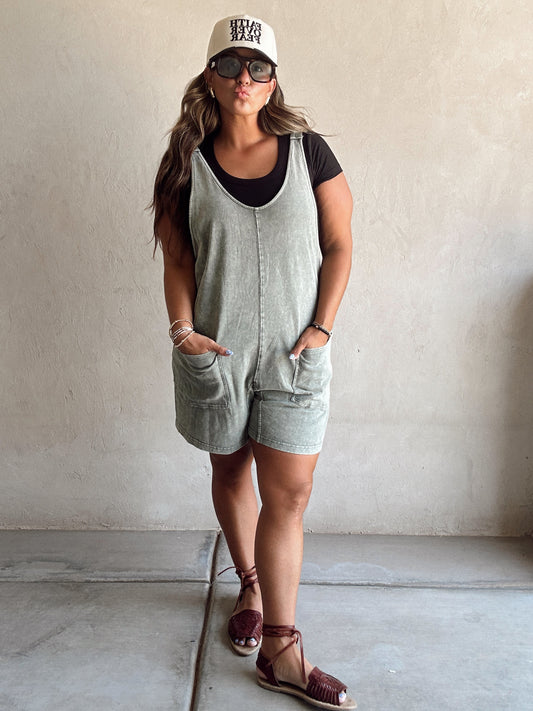 Millie Mineral Washed Romper in Olive