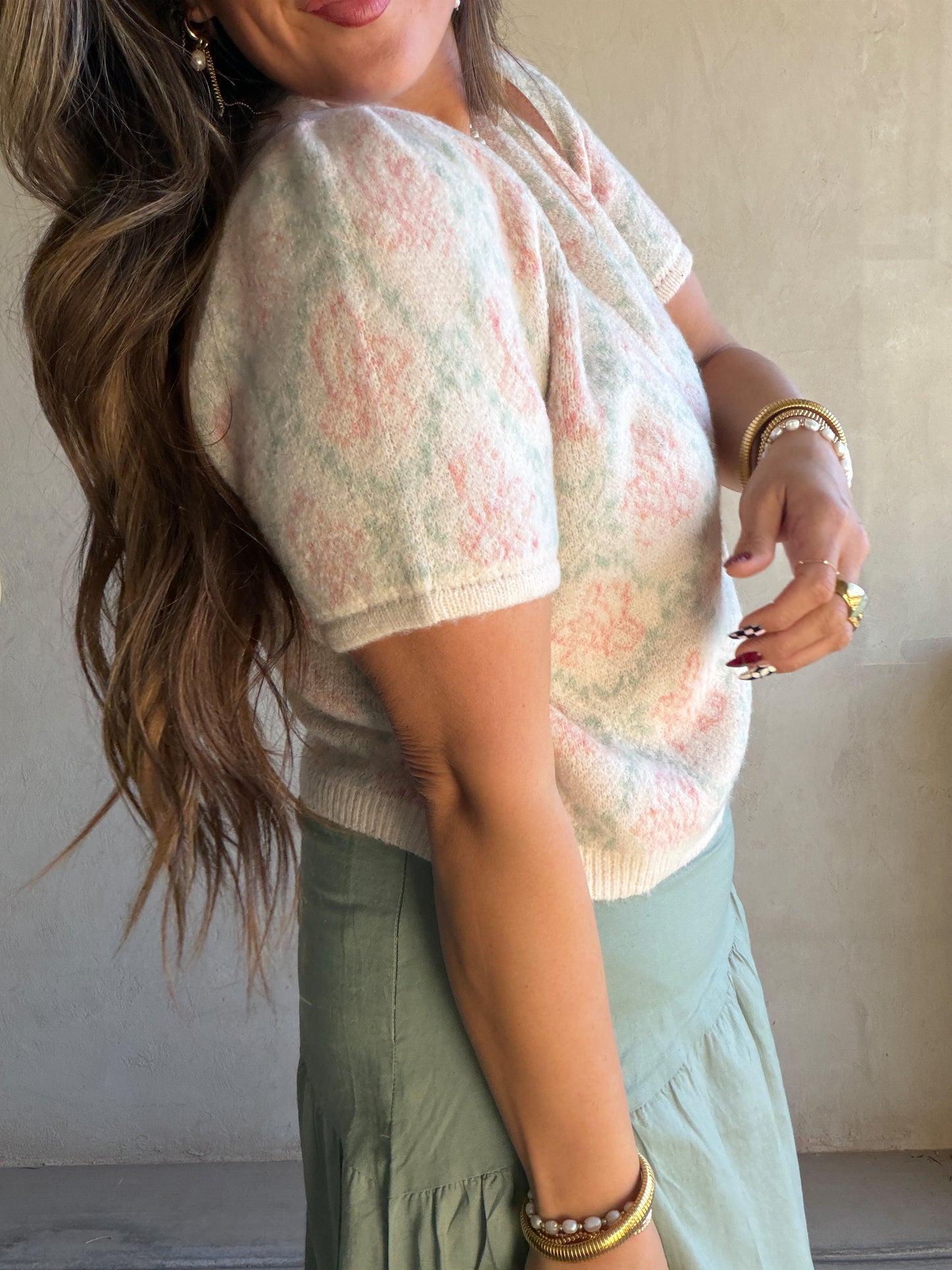 Maddy Button Down Cardigan in Cream, Sage & Pink