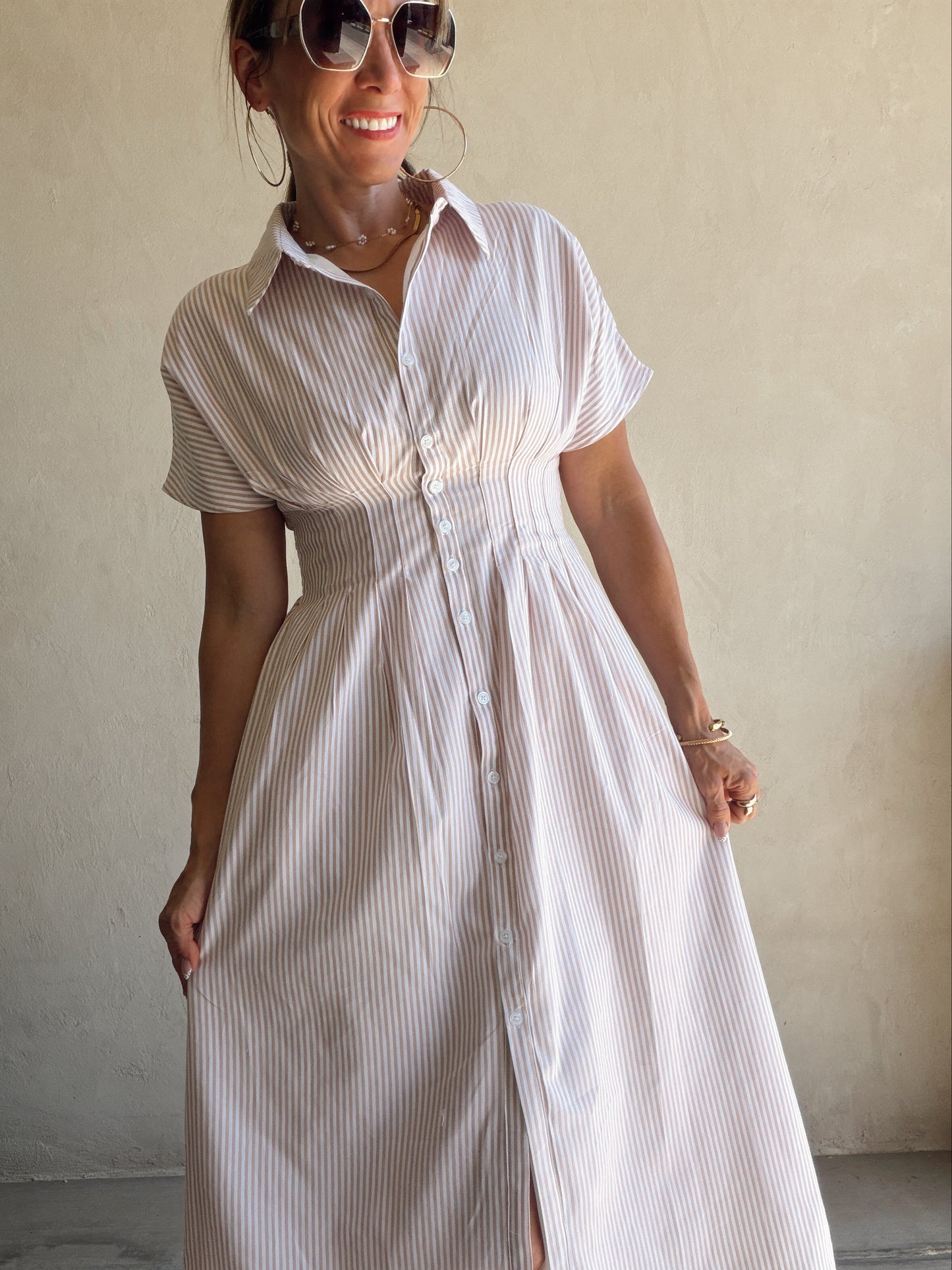 Sherri Striped Dress in Taupe & White