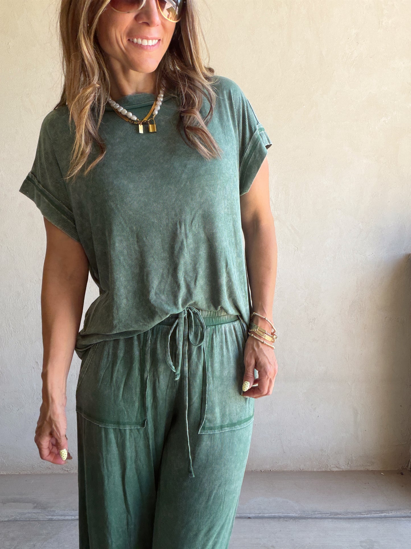 Raelyn Ribbed Mineral Washed Set in Green