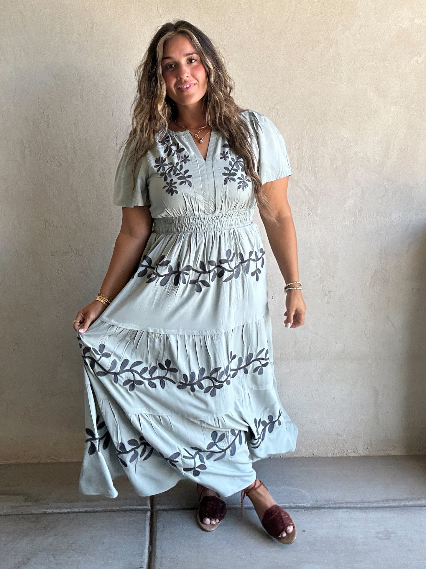 Sunday Embroidered Dress in Sage