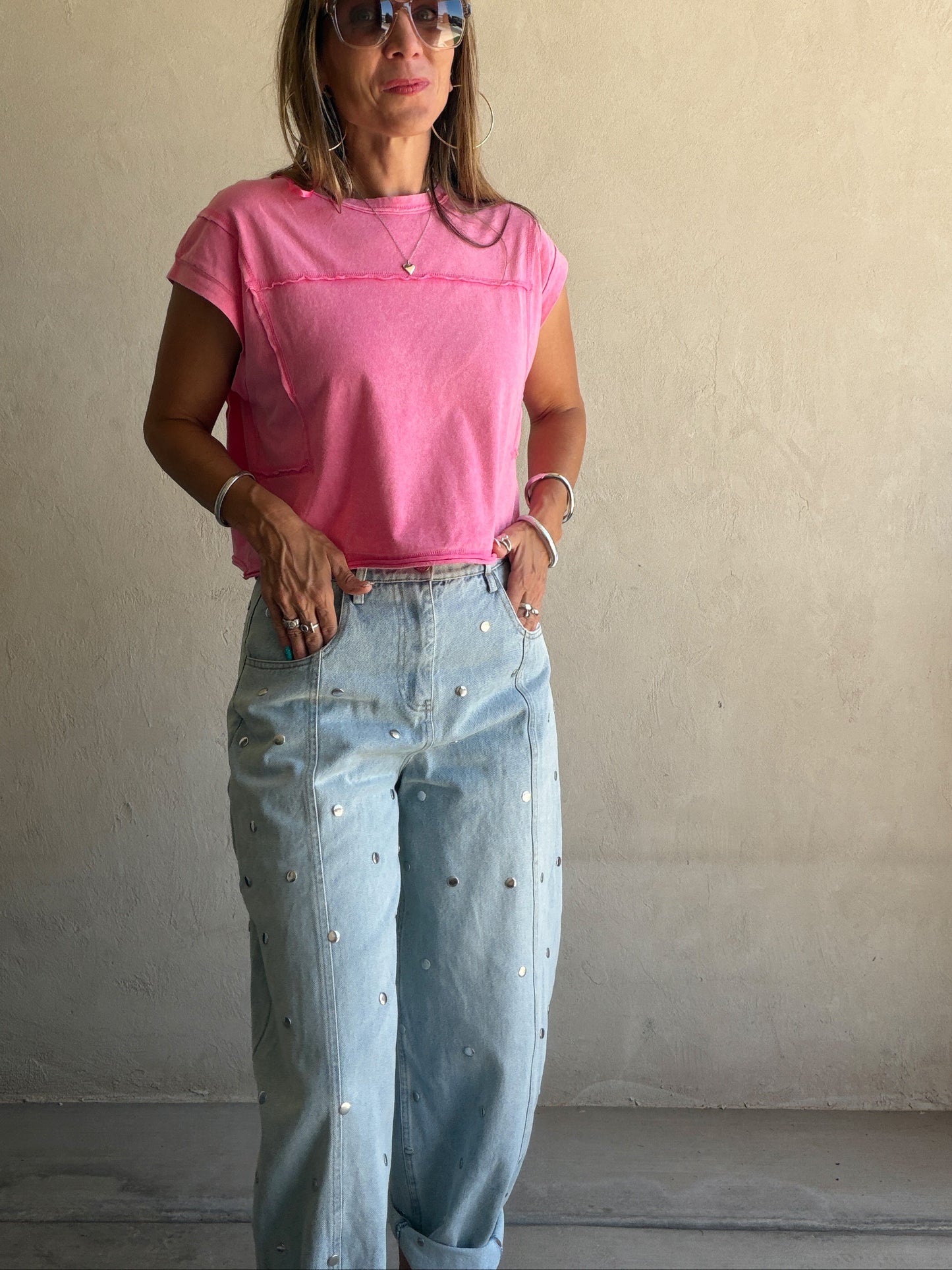 Lydia Light Wash Studded Barrel Jeans