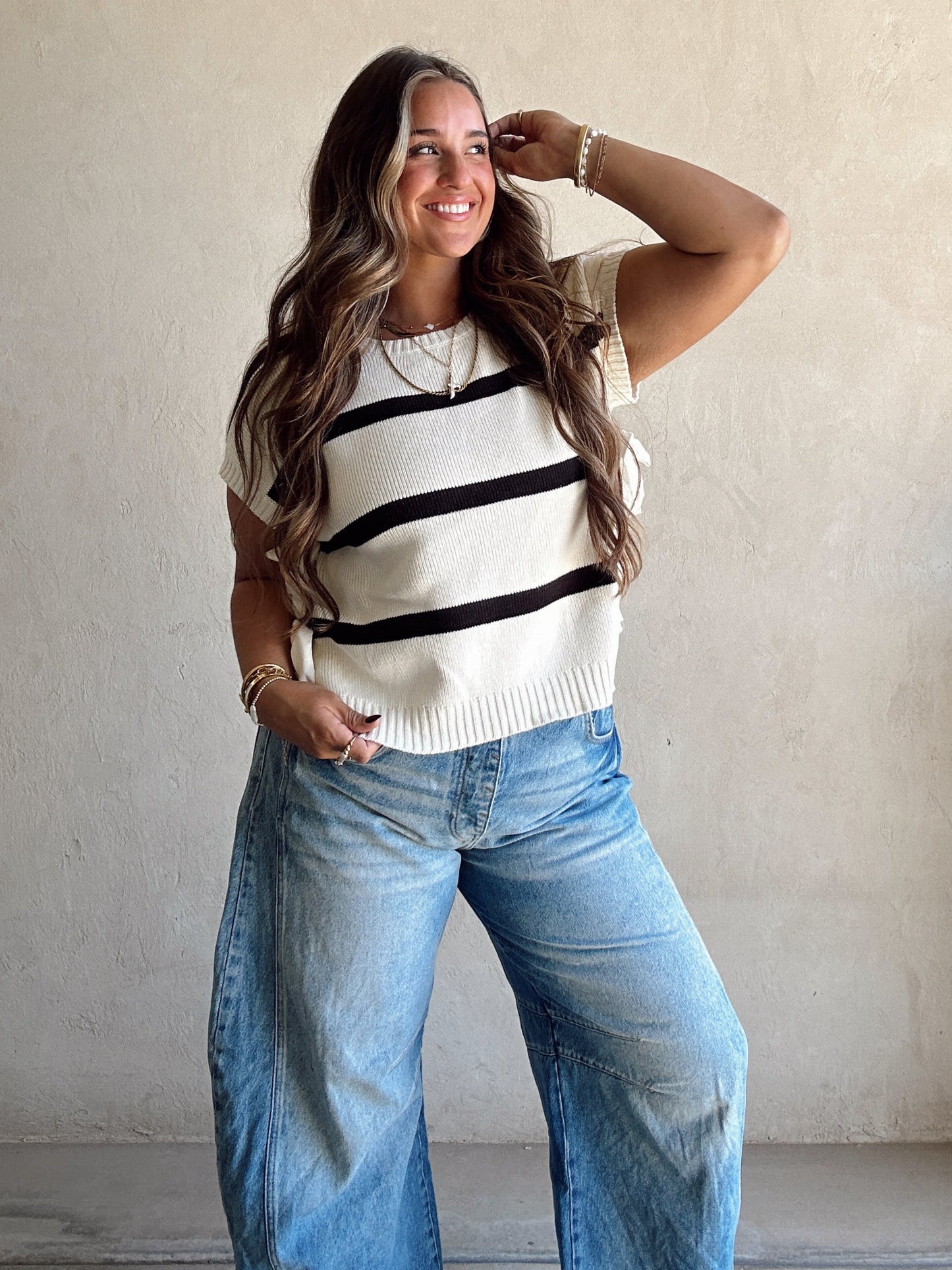 Lainee Striped Top with Side Bows in Navy, Mocha, and Ivory