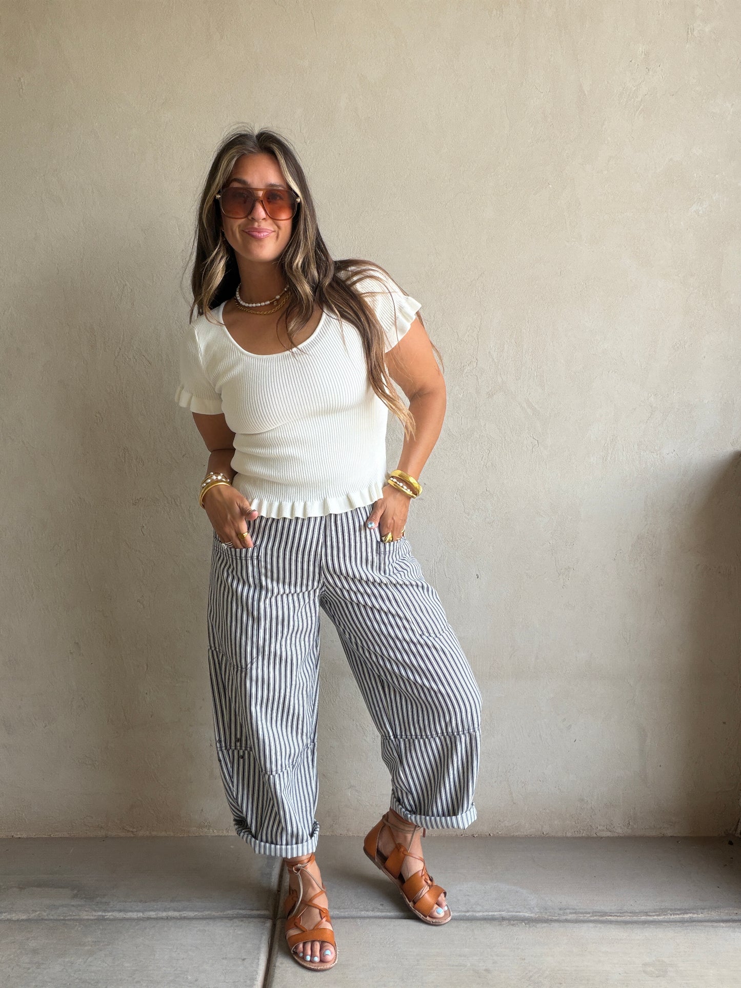 Striped Barrel Pant in Navy