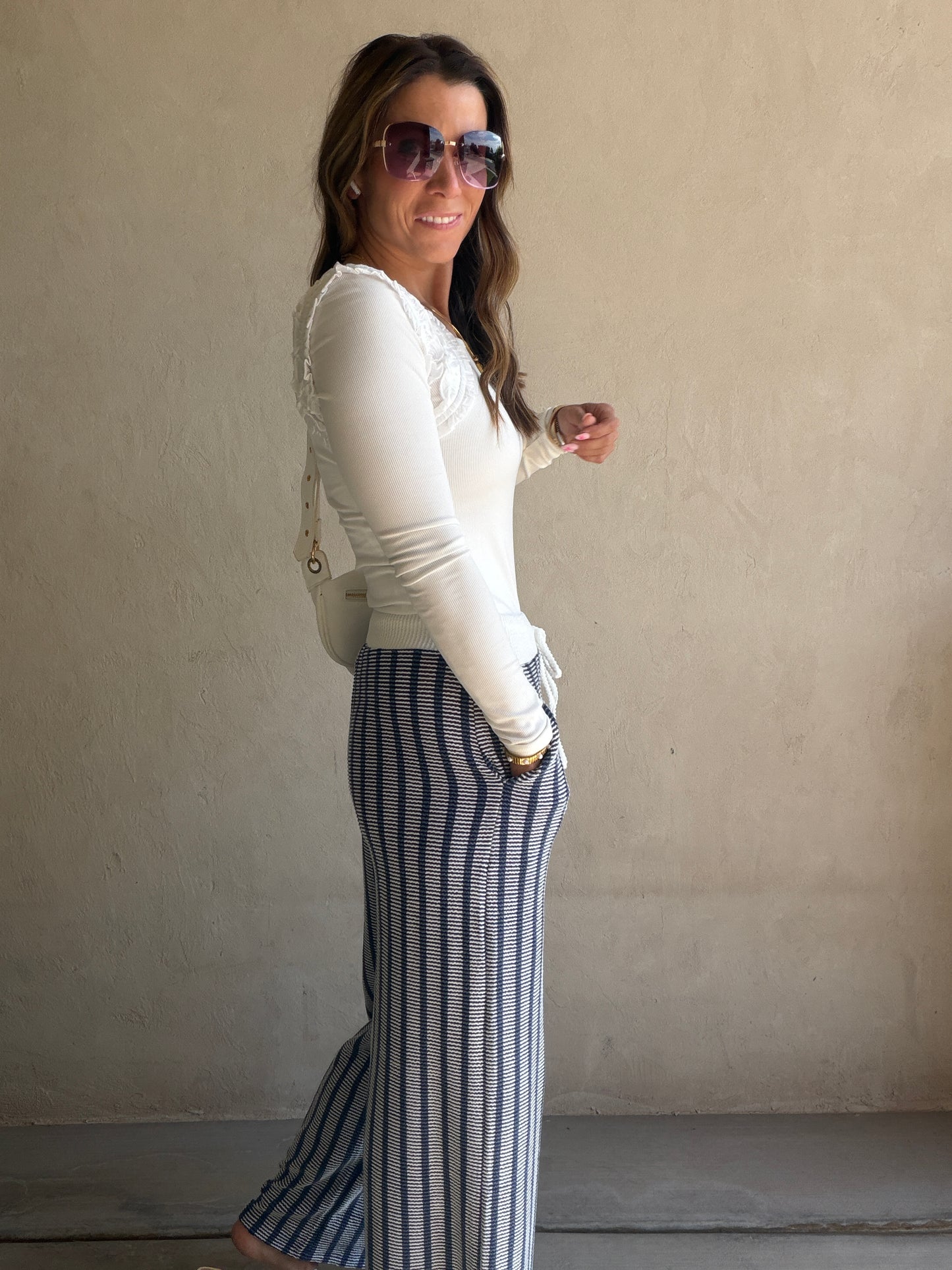 Andrea Ribbed Pants in Navy & Ivory
