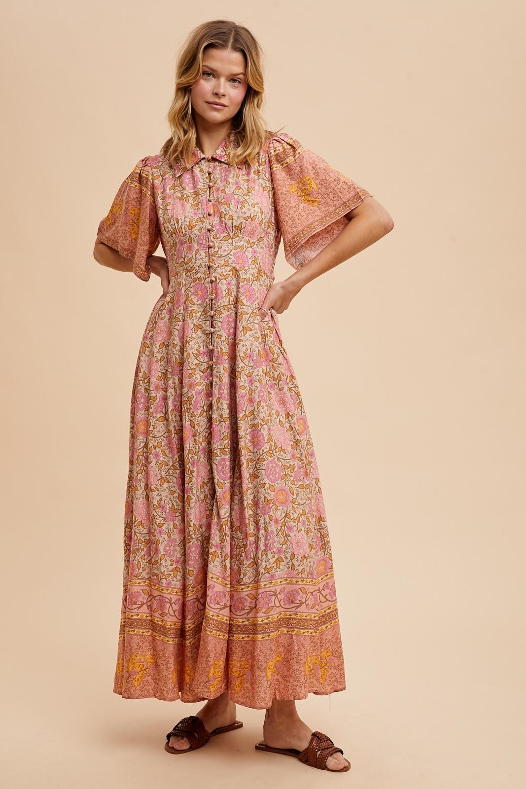 Cassie Border Print Dress in Natural Rose