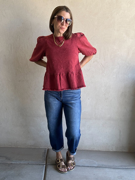 Elsie Mineral Wash Top in Maroon