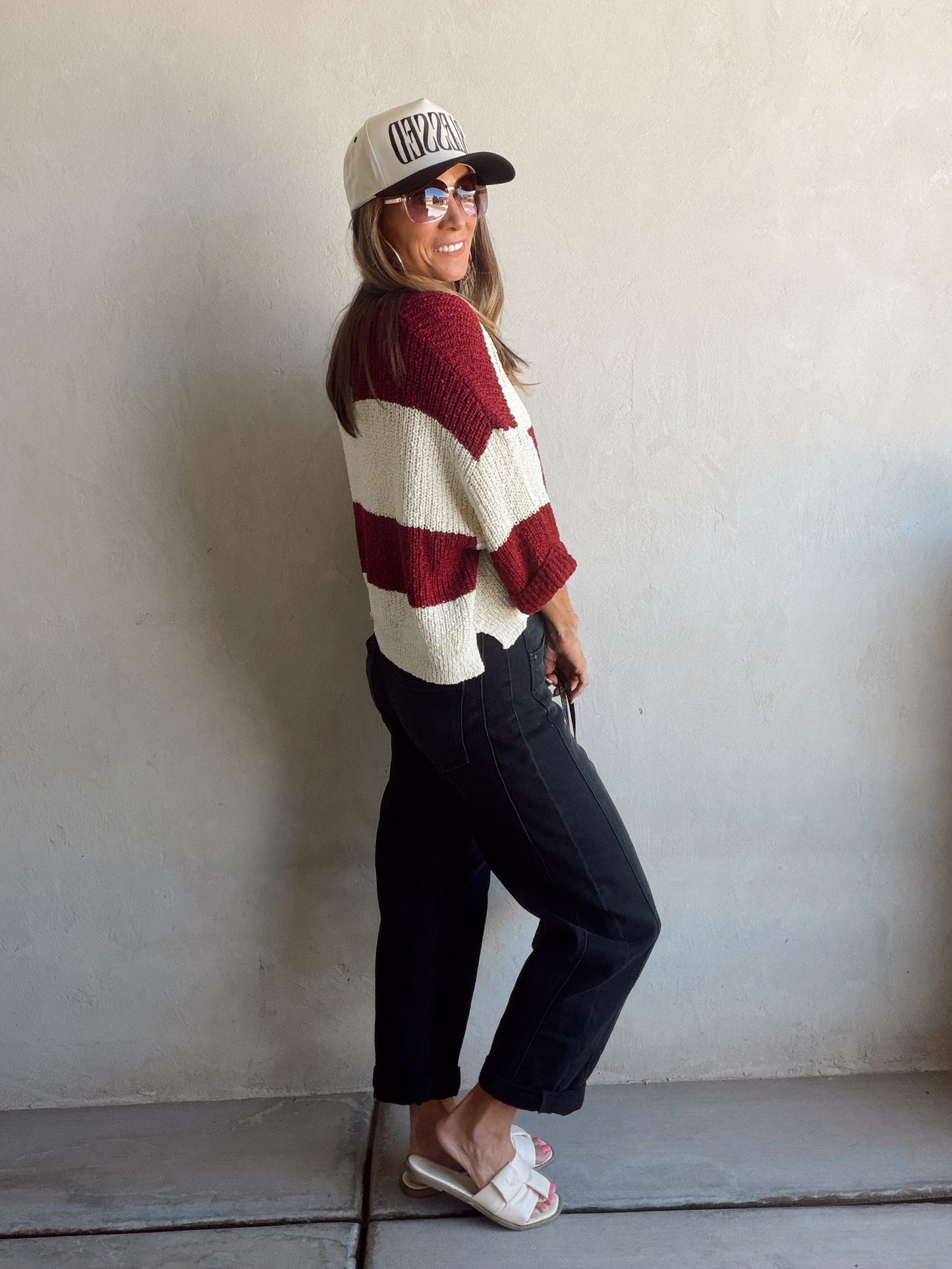 Christy V-Neck Top in Cabernet & Cream