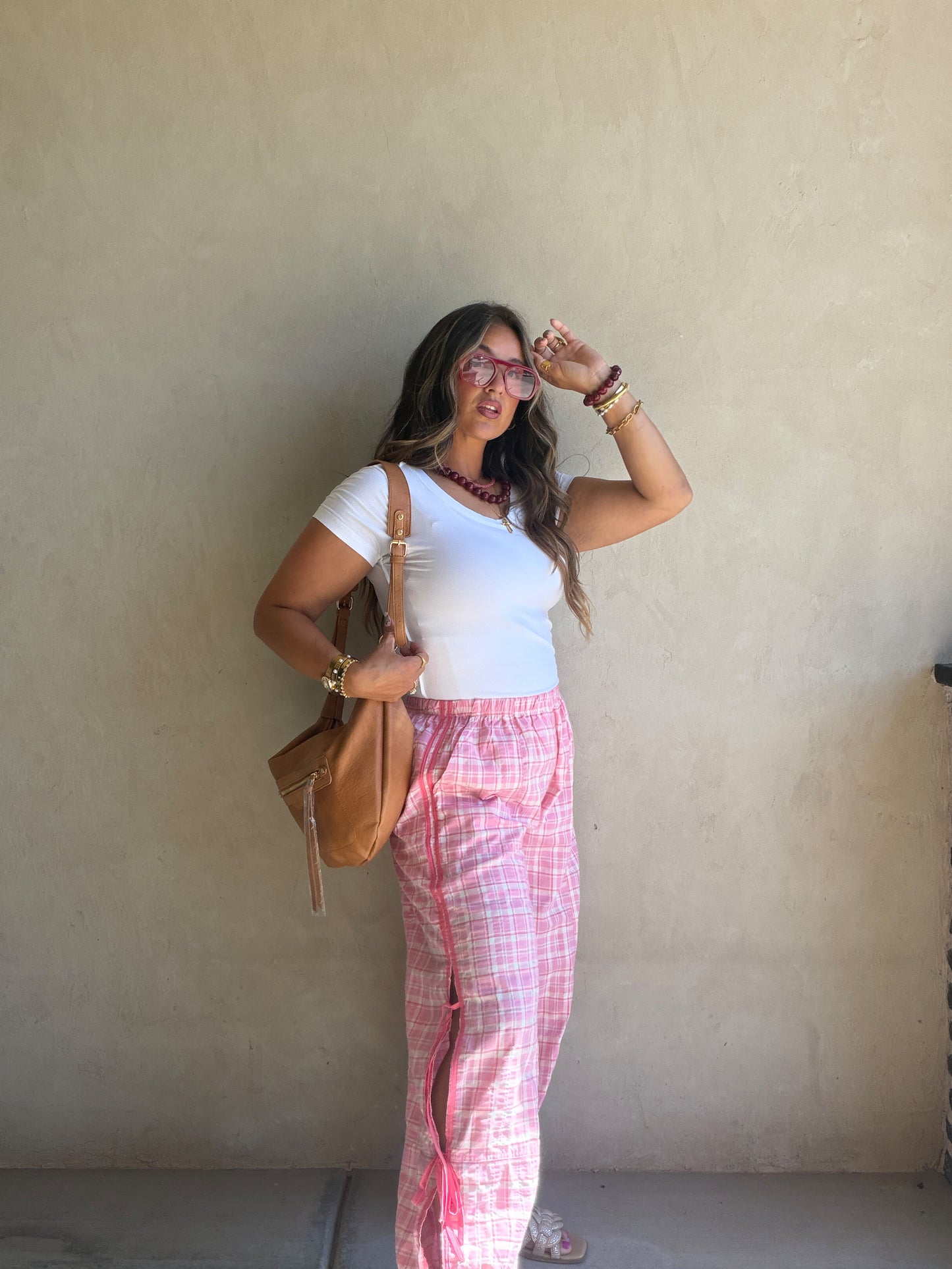 Christine Parachute Pants in Pink Plaid