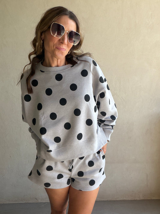 Aubree Set in Gray with Black Polka Dots