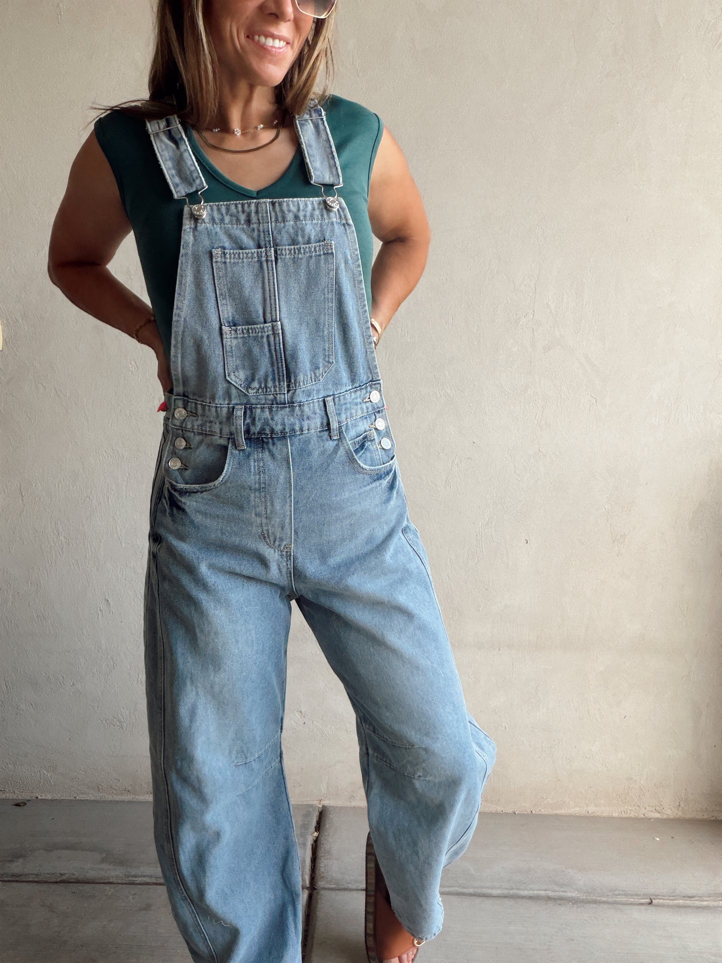 Bridget Denim Barrel Overalls in Medium Wash