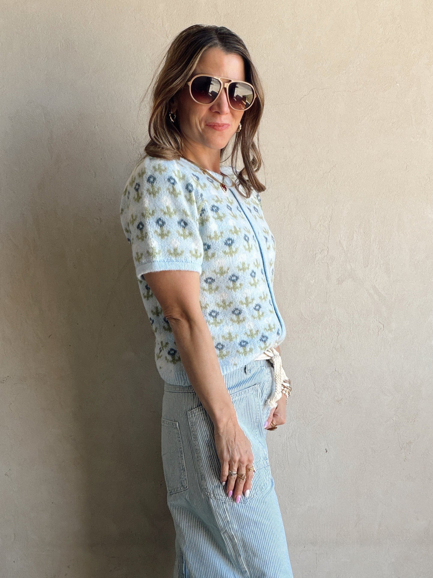 Maddy Button Down Cardigan in Light Blue & Green