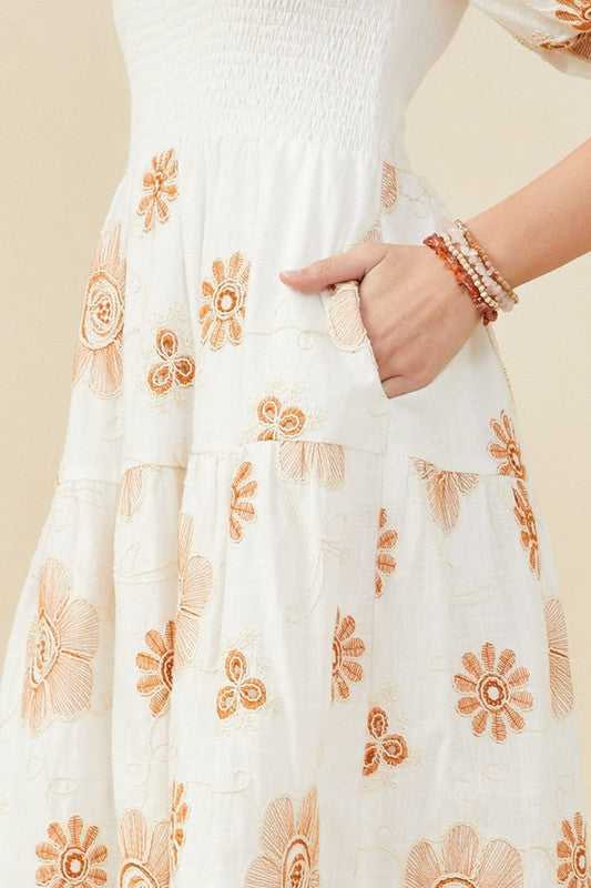 Elle Embroidered Dress in White