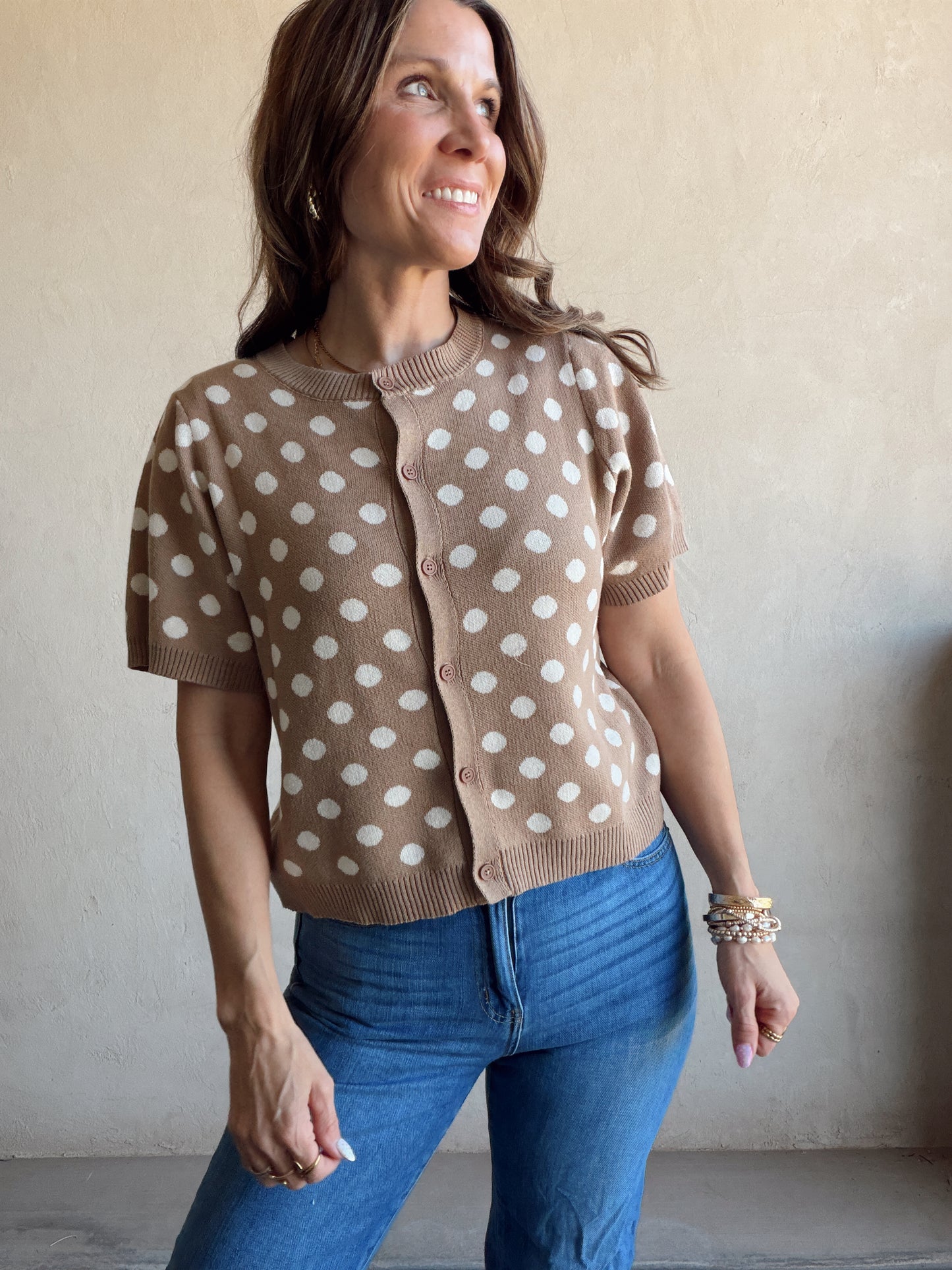 Polka Dot Cardigan in Taupe & Ivory