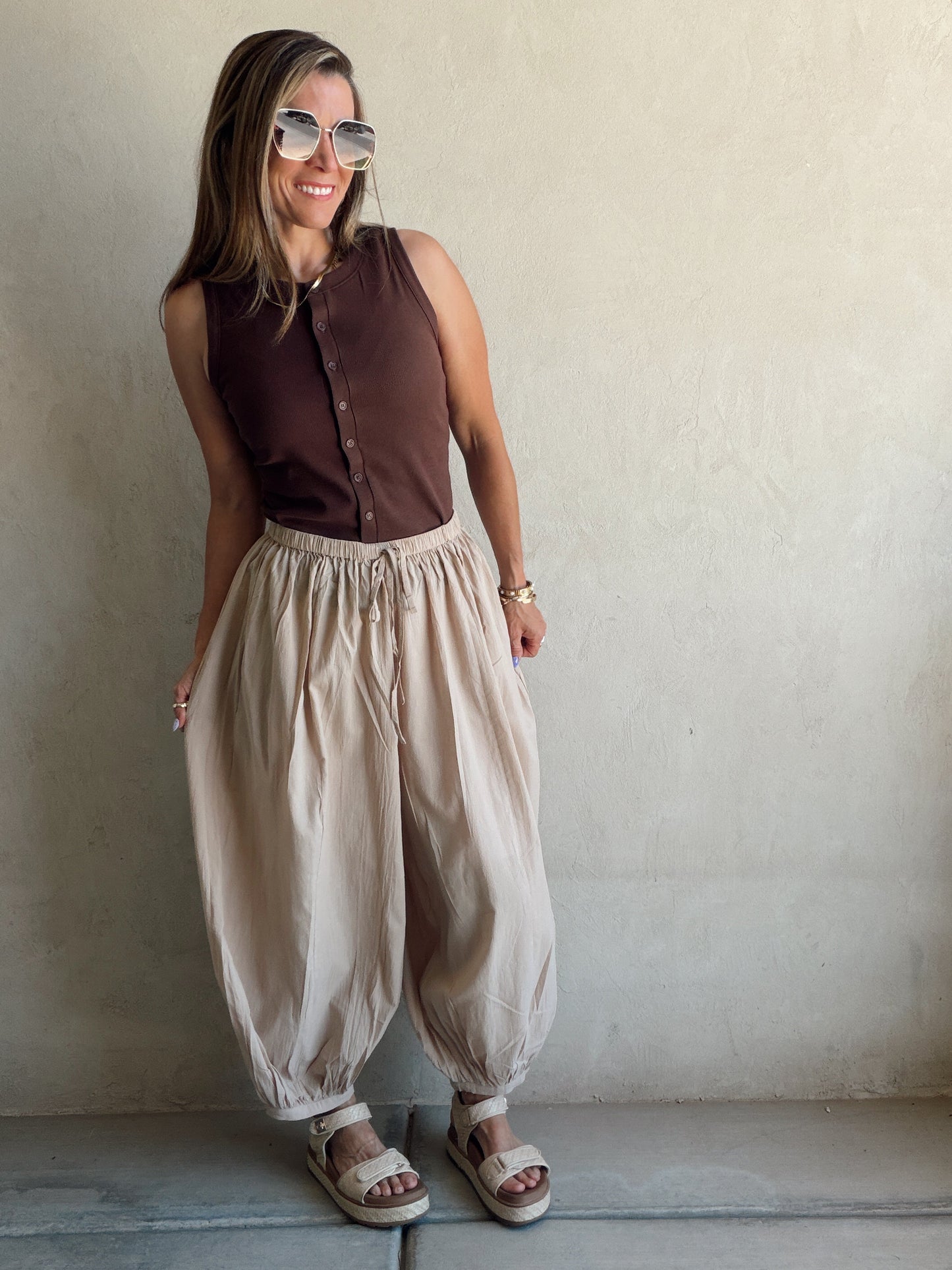 Tara Flowy Parachute Pants in Tan
