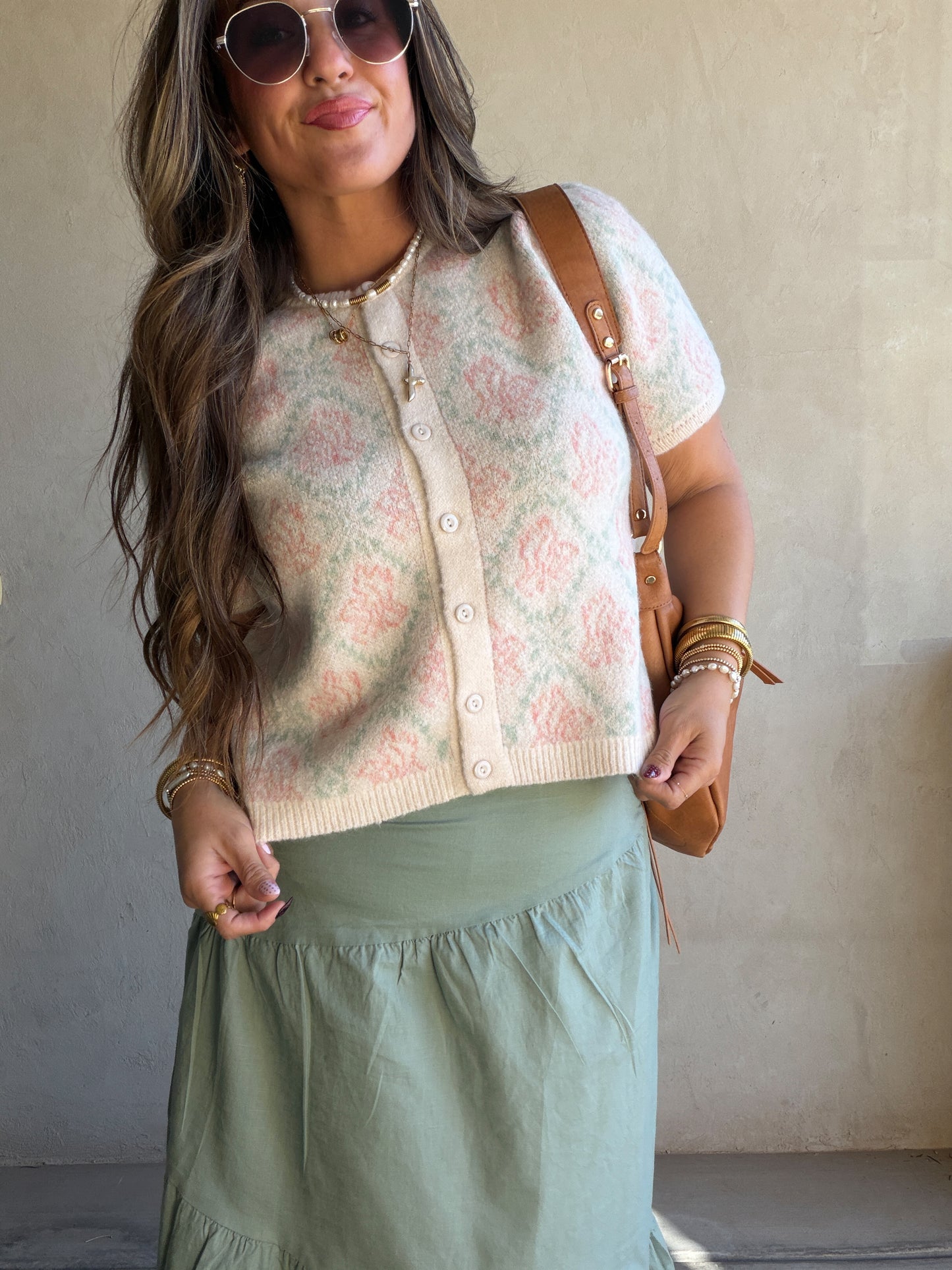 Maddy Button Down Cardigan in Cream, Sage & Pink