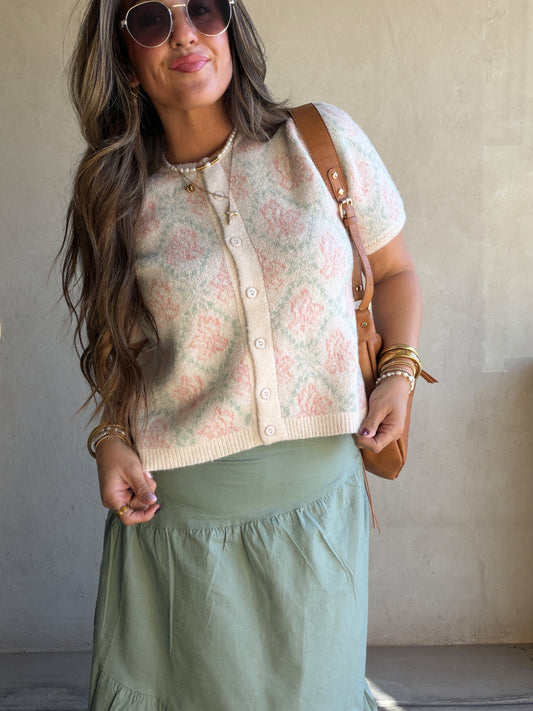 Maddy Button Down Cardigan in Cream, Sage & Pink