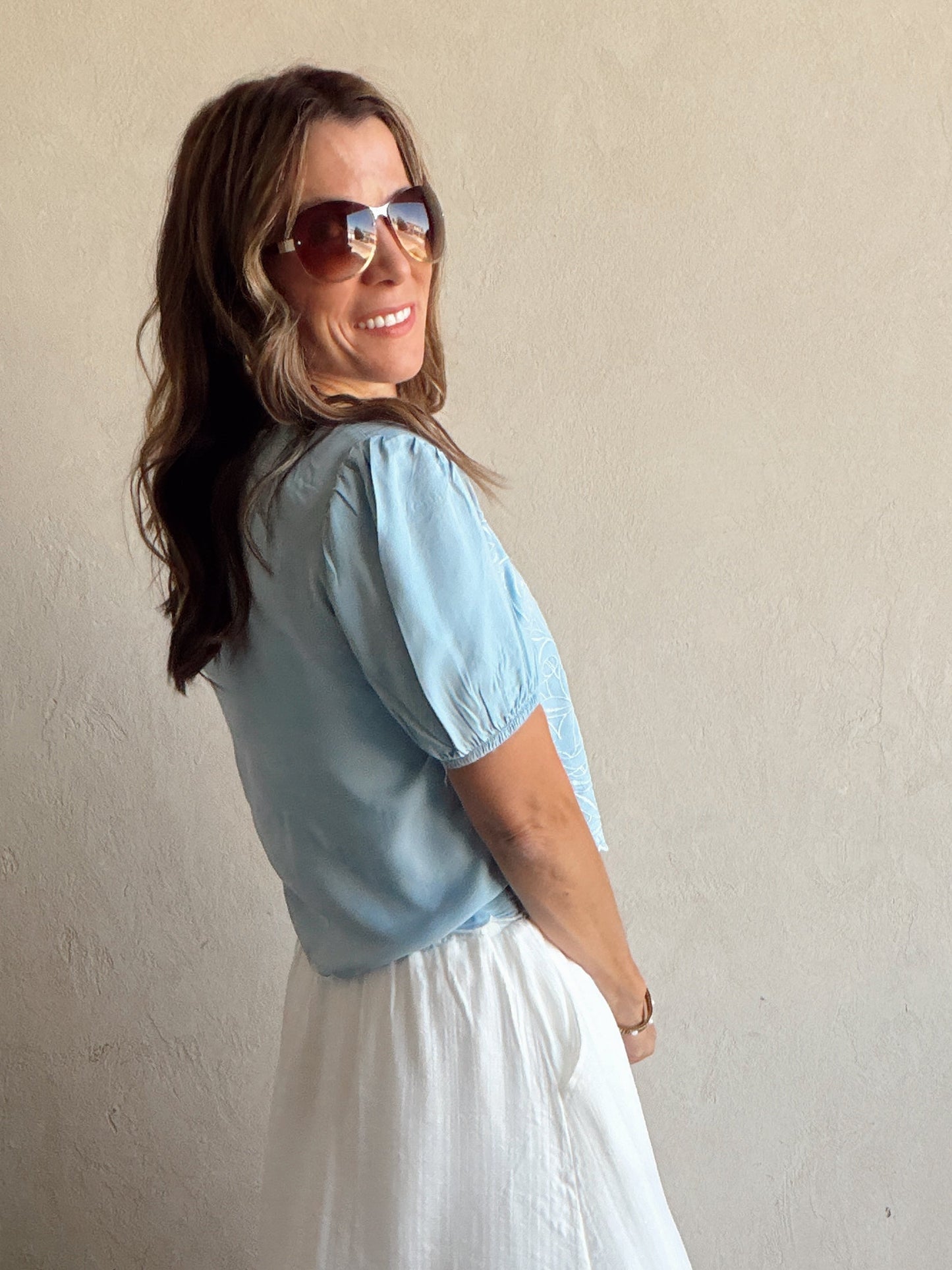 Sherry Embroidered Top in Light Blue