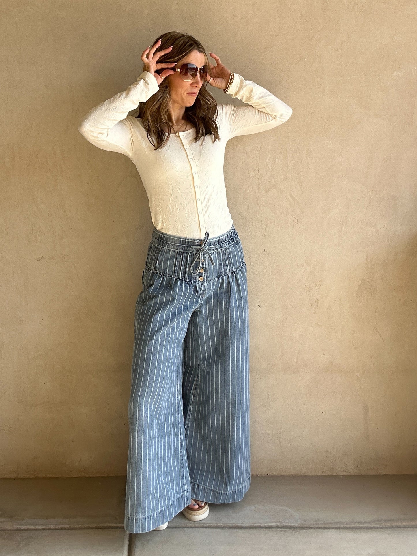 Natalie Pintuck Wide Leg Striped Pants