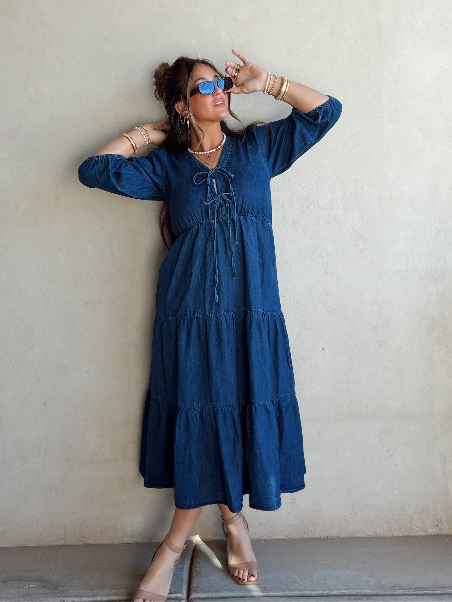 Jolee Bow Maxi Dress in Denim