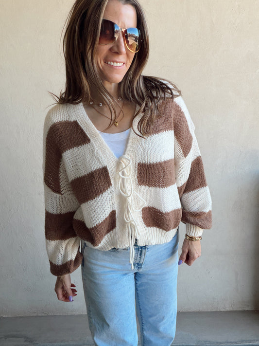 Brendee Striped Cardigan in Mocha & Cream