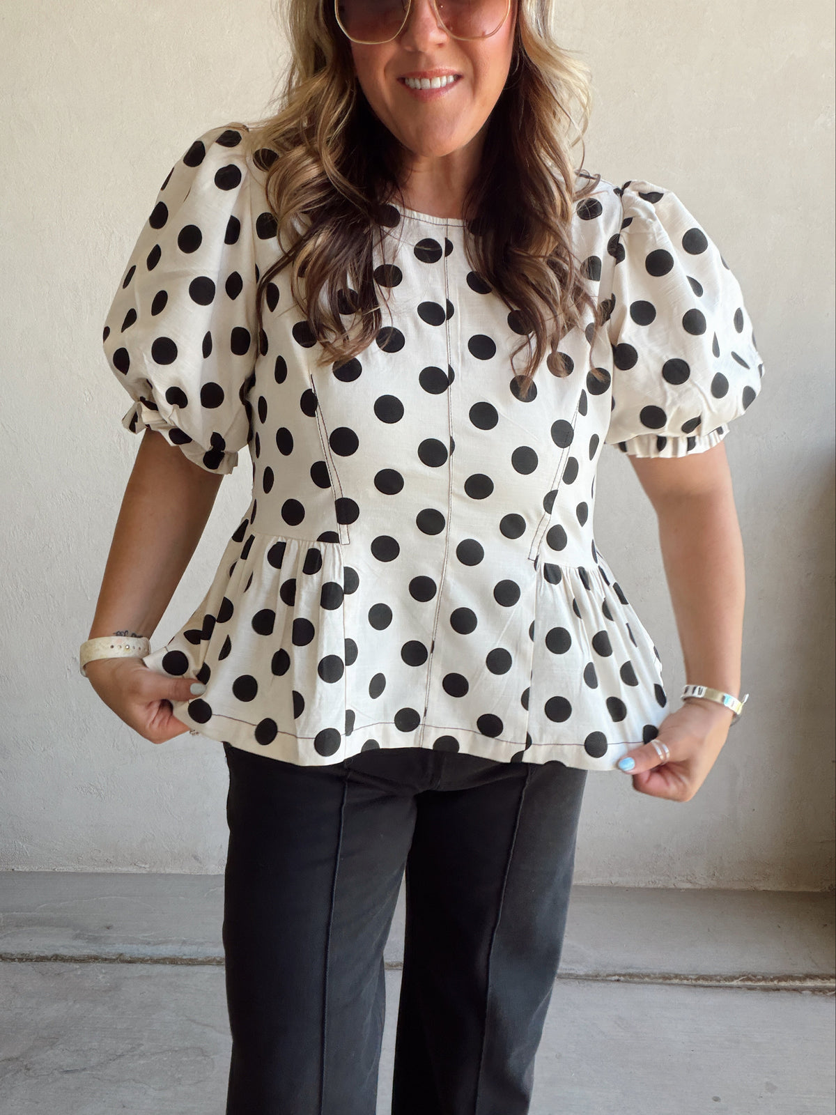 Barb Polka Dot top in Natural & Black
