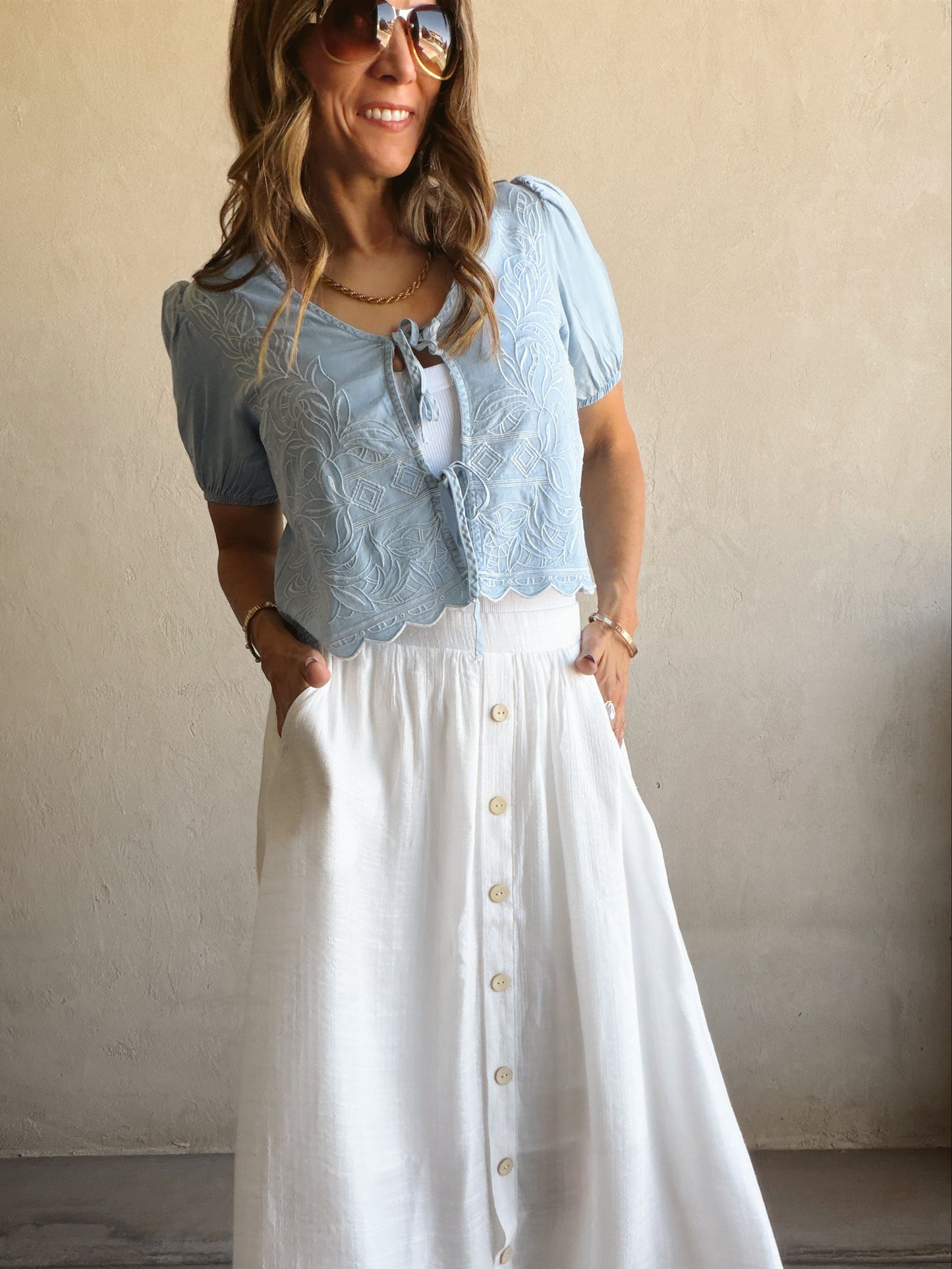 Sherry Embroidered Top in Light Blue