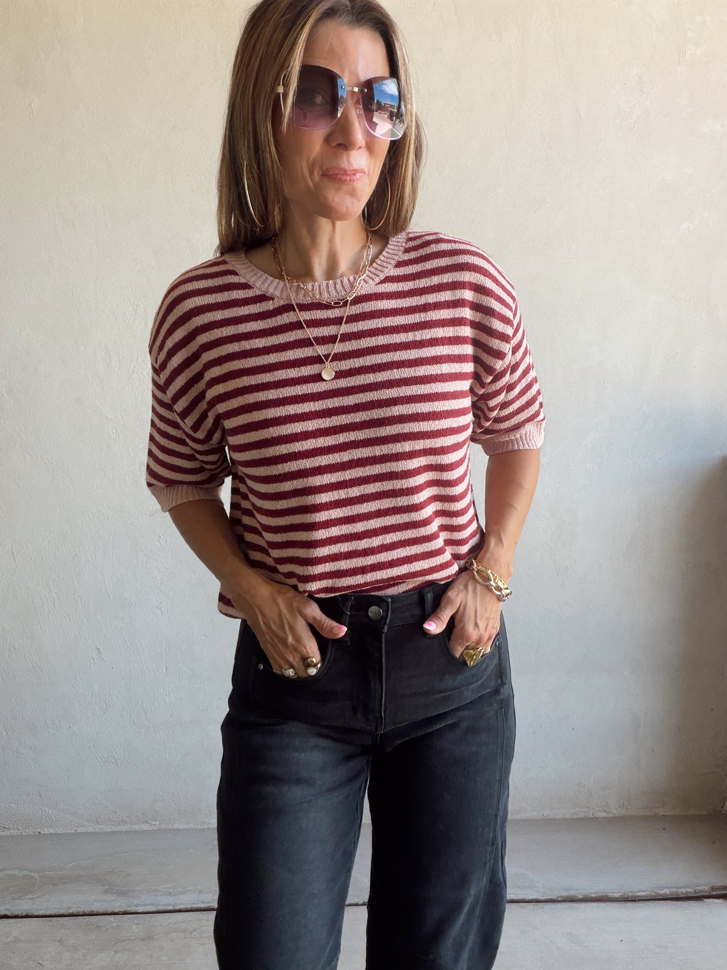 Emerald Striped Top in Mauve & Burgundy