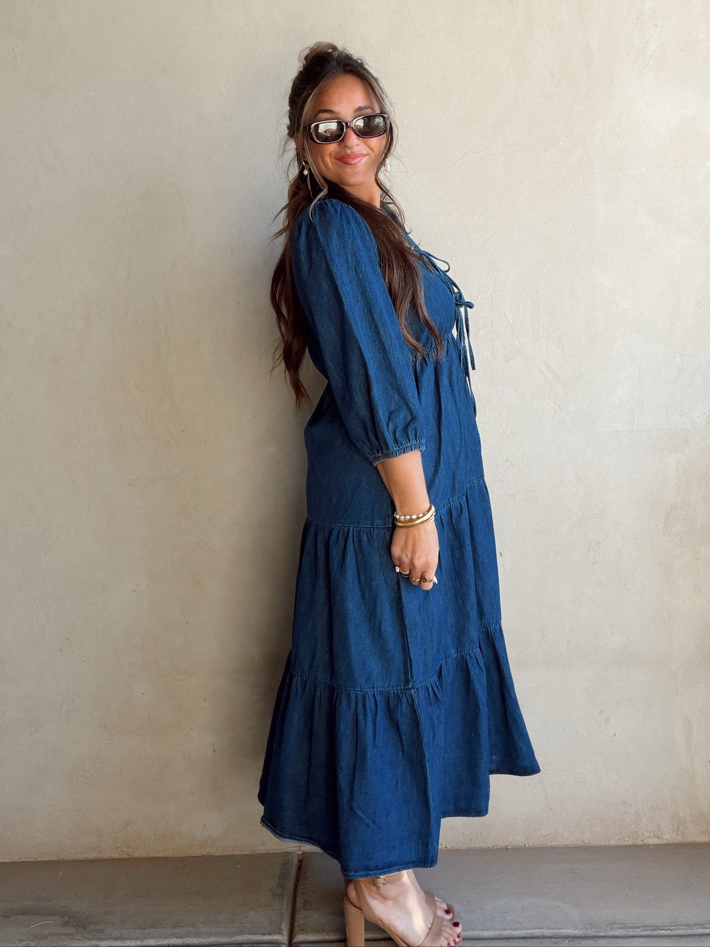 Jolee Bow Maxi Dress in Denim