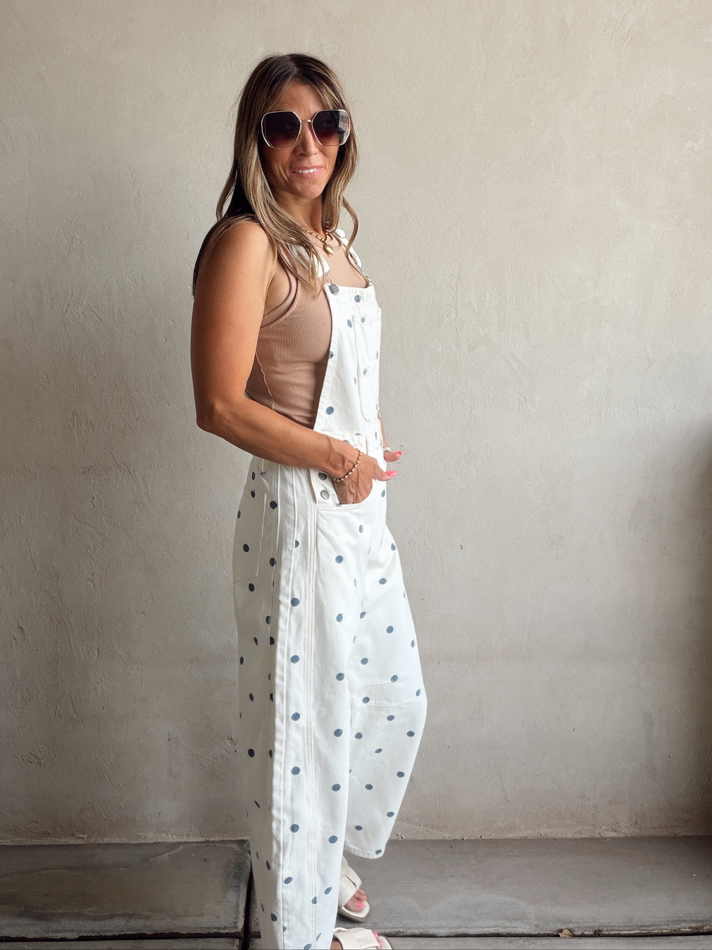 Leah Barrel Overalls in Cream with Blue Polka Dots