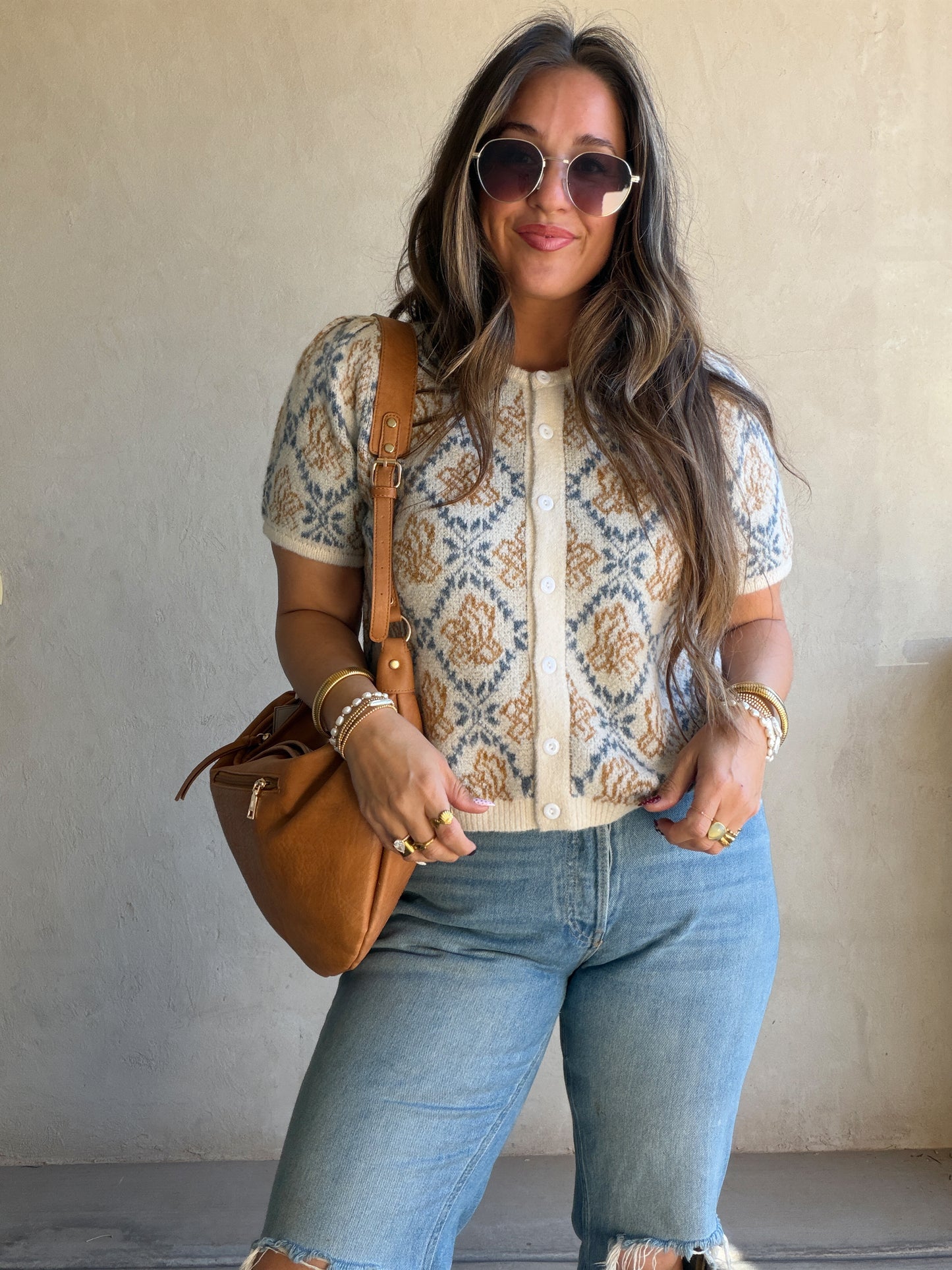 Maddy Button Down Cardigan in Blue & Camel