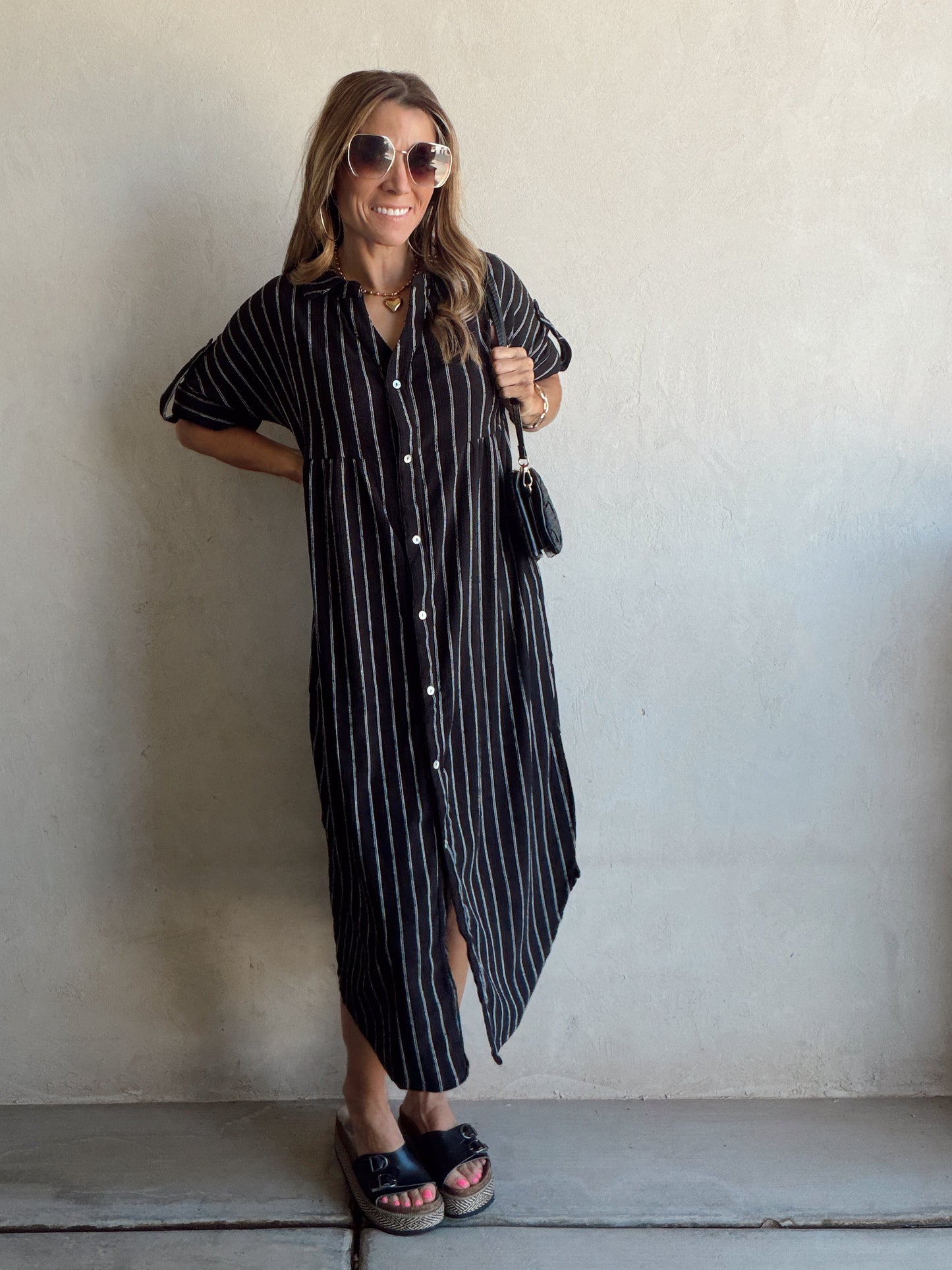 Tia Dress in Black with White Stripes