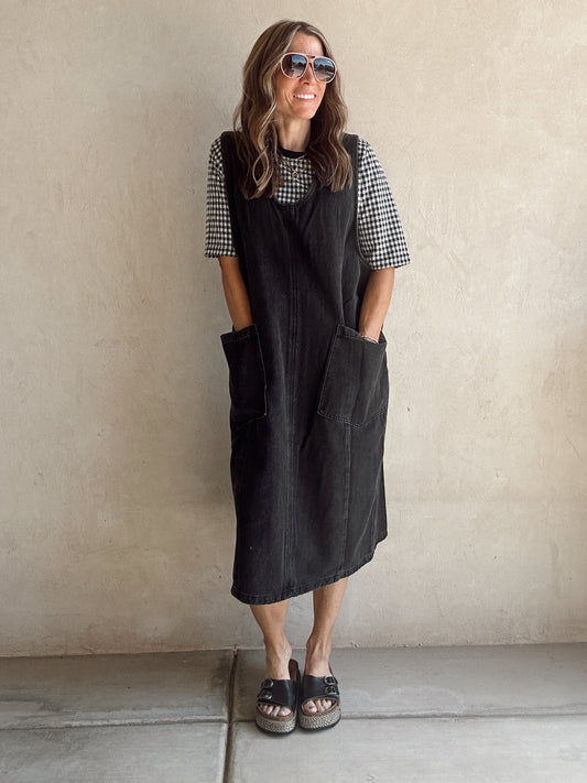 Rylee Overall Midi Dress in Black