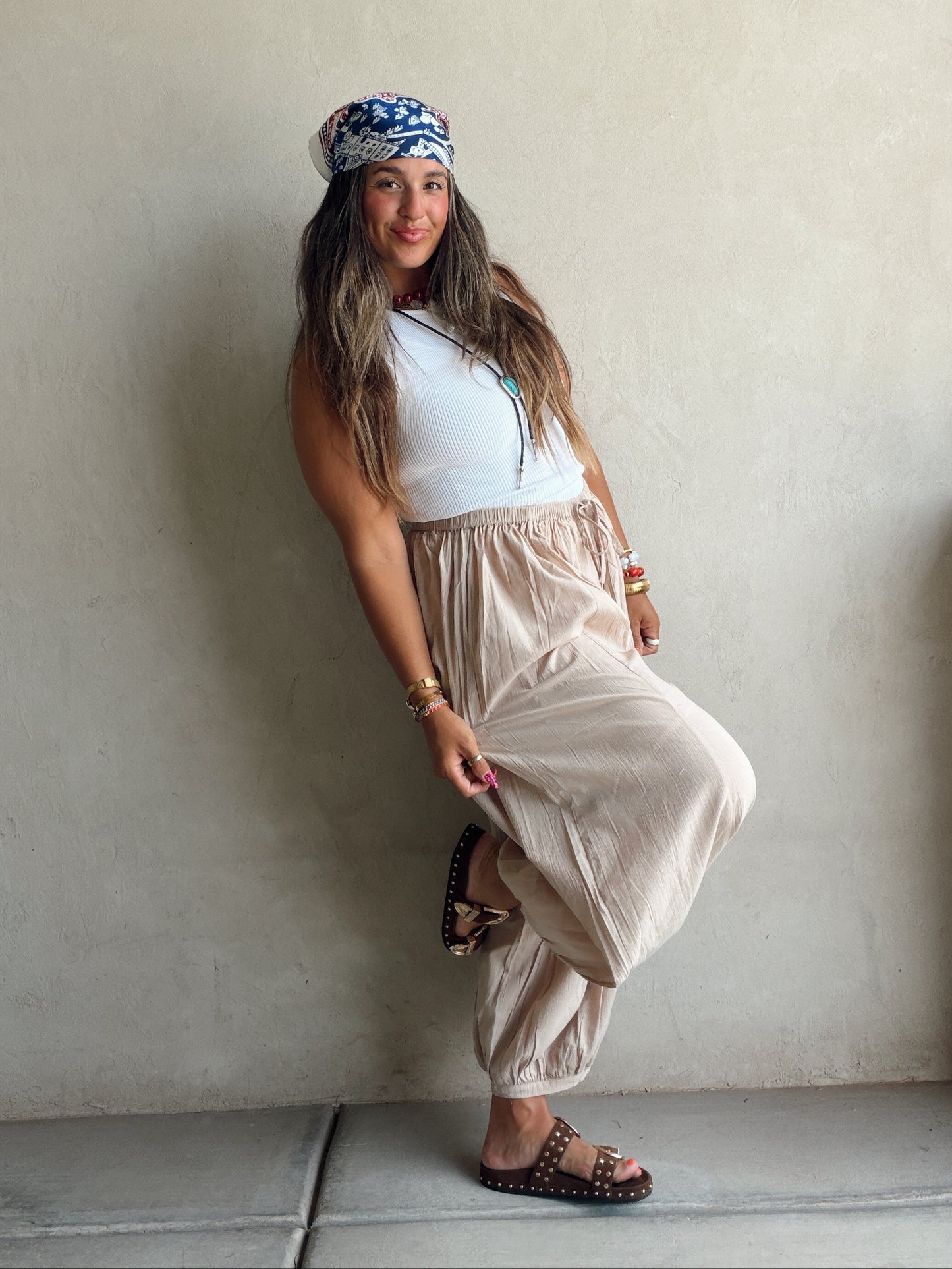 Tara Flowy Parachute Pants in Tan