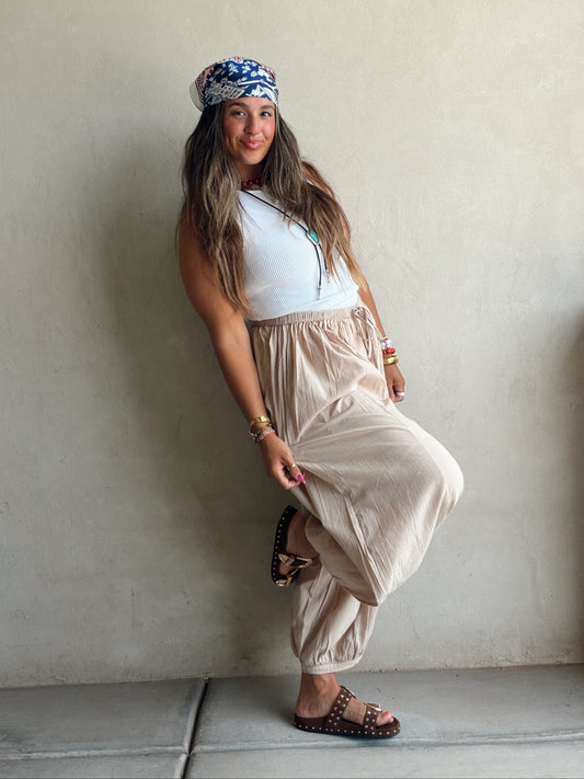 Tara Flowy Parachute Pants in Tan